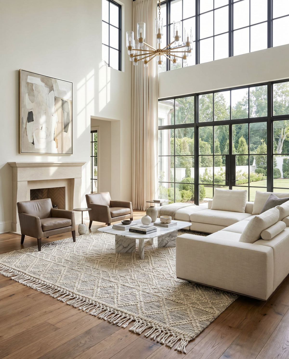 Hemingway HMG-2303 Hand Woven Rug styled in an elegant designer living room — hand woven global area rug in ivory and black tones