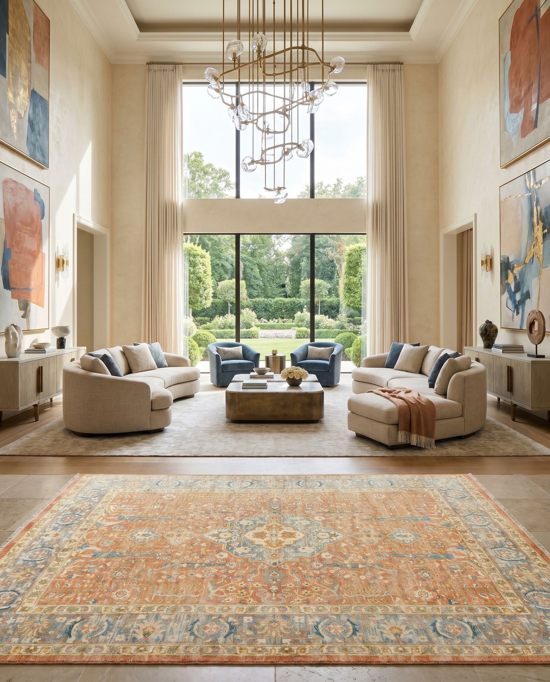 Hamadan HAM-2306 Hand Knotted Rug styled in an elegant designer living room — hand knotted traditional area rug in burnt orange, medium gray, ivory and mustard tones