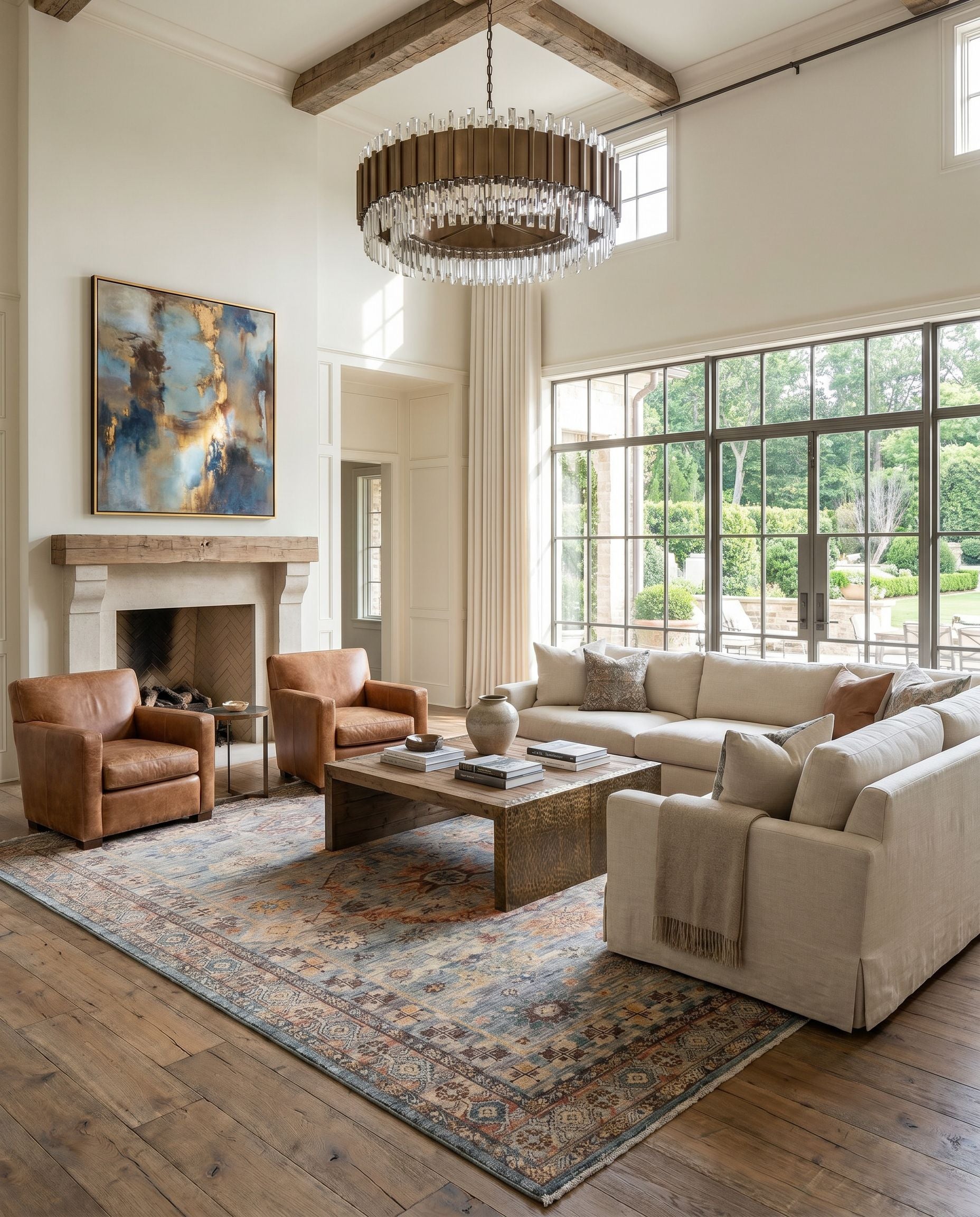 Cappadocia CPP-5028 Hand Knotted Rug styled in an elegant designer living room — hand knotted traditional area rug in sky blue, blue, sage and tan tones