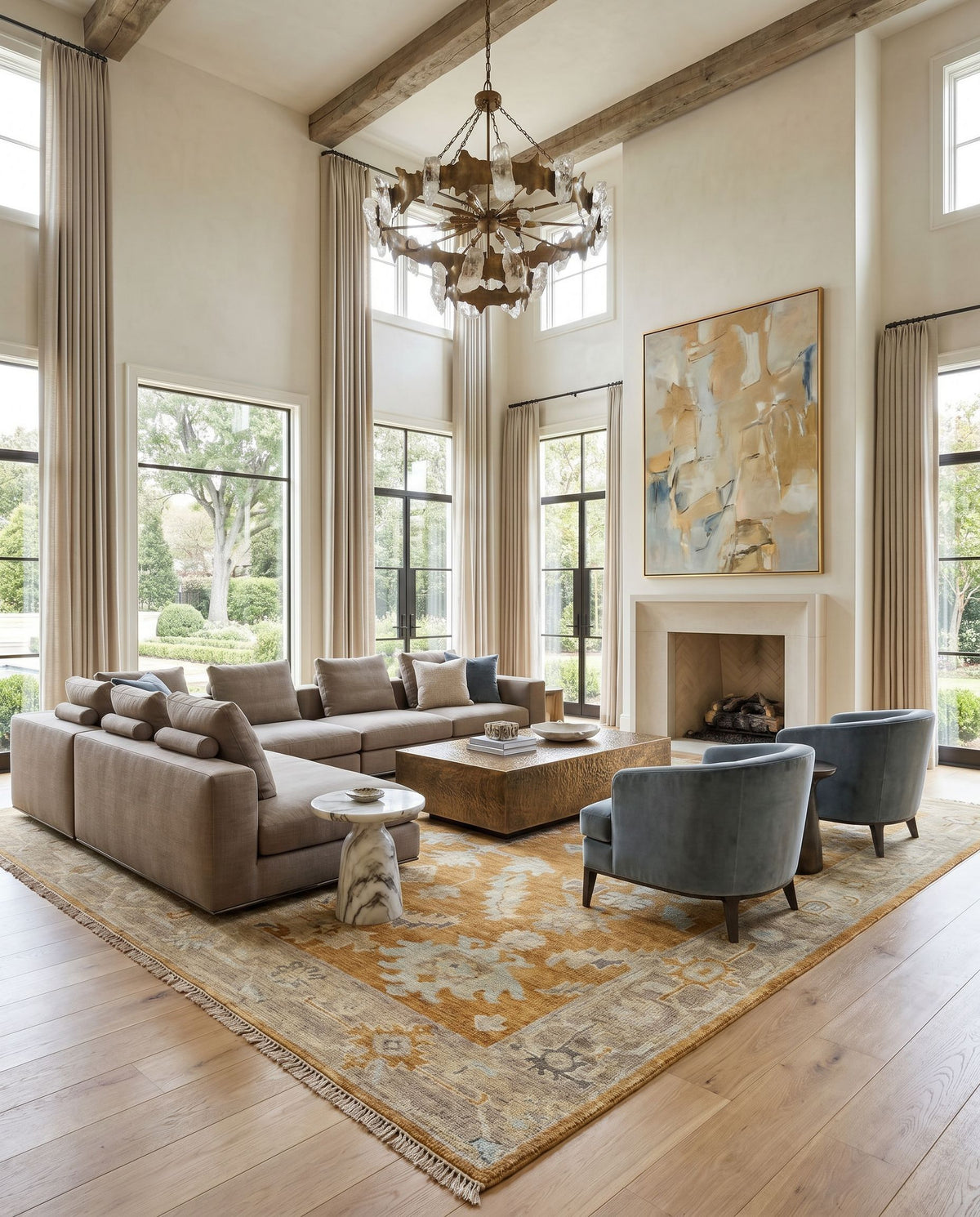 Antalya AAT-2302 Hand Knotted Rug styled in an elegant designer living room — hand knotted traditional area rug in burgandy, brown, charcoal and medium brown tones