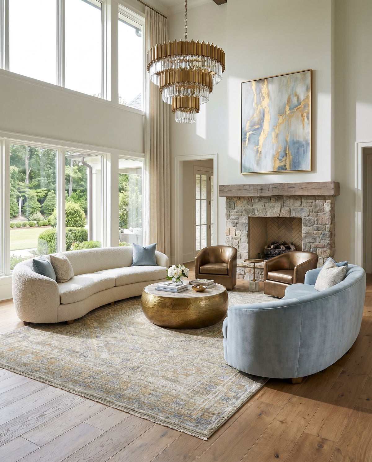 Nobility NBI-2314 Hand Knotted Rug styled in an elegant designer living room — hand knotted traditional area rug in tan, charcoal, wheat and light gray tones