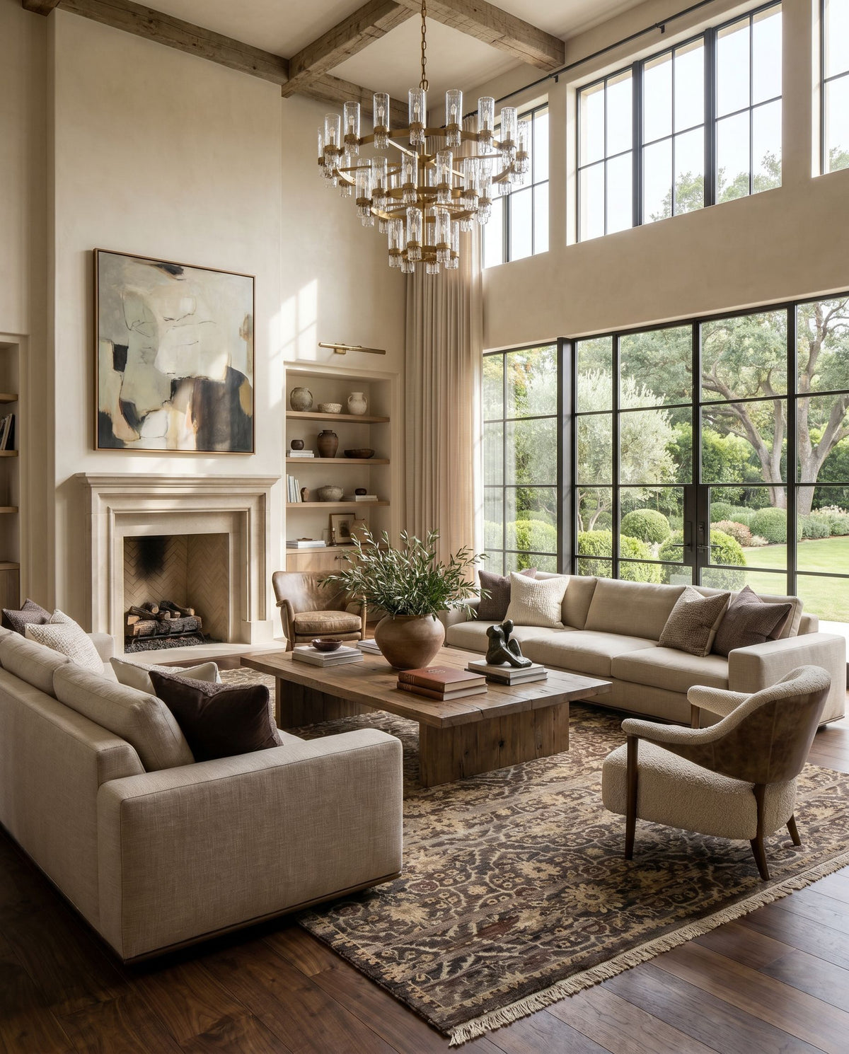 Empress EMS-7010 Hand Knotted Rug styled in an elegant designer living room — hand knotted traditional area rug in charcoal, gray, dusty sage and light gray tones