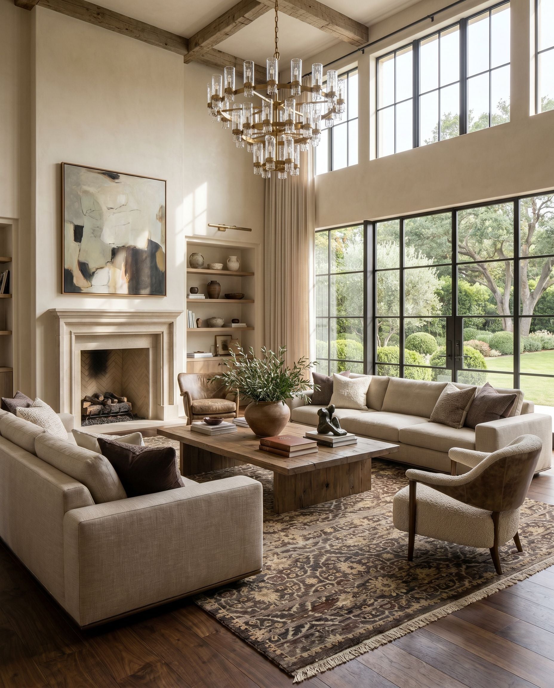 Empress EMS-7010 Hand Knotted Rug styled in an elegant designer living room — hand knotted traditional area rug in charcoal, gray, dusty sage and light gray tones