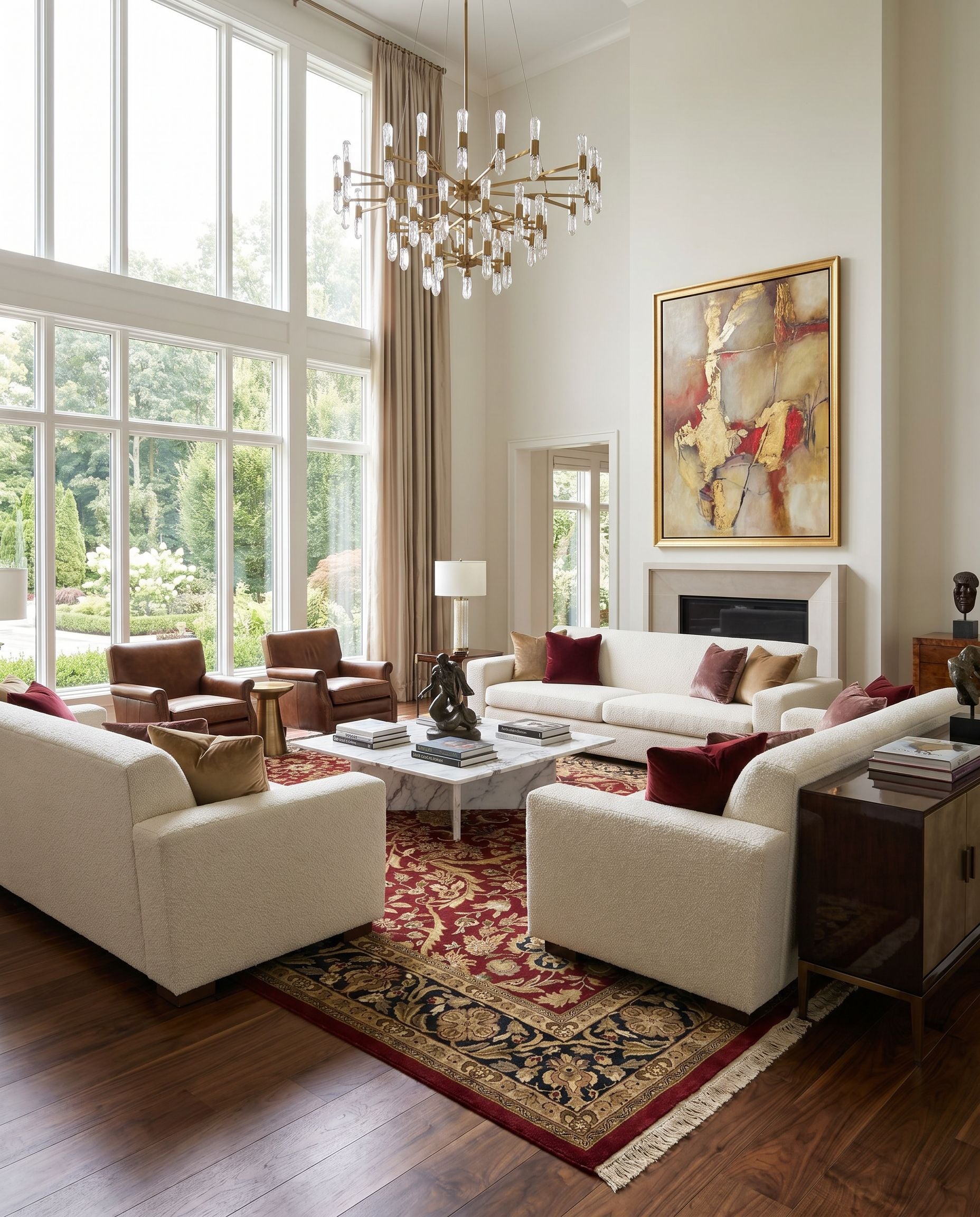 Taj Mahal TJ-1143 Hand Knotted Rug styled in an elegant designer living room — hand knotted traditional area rug in burgundy, black, dark brown and olive tones
