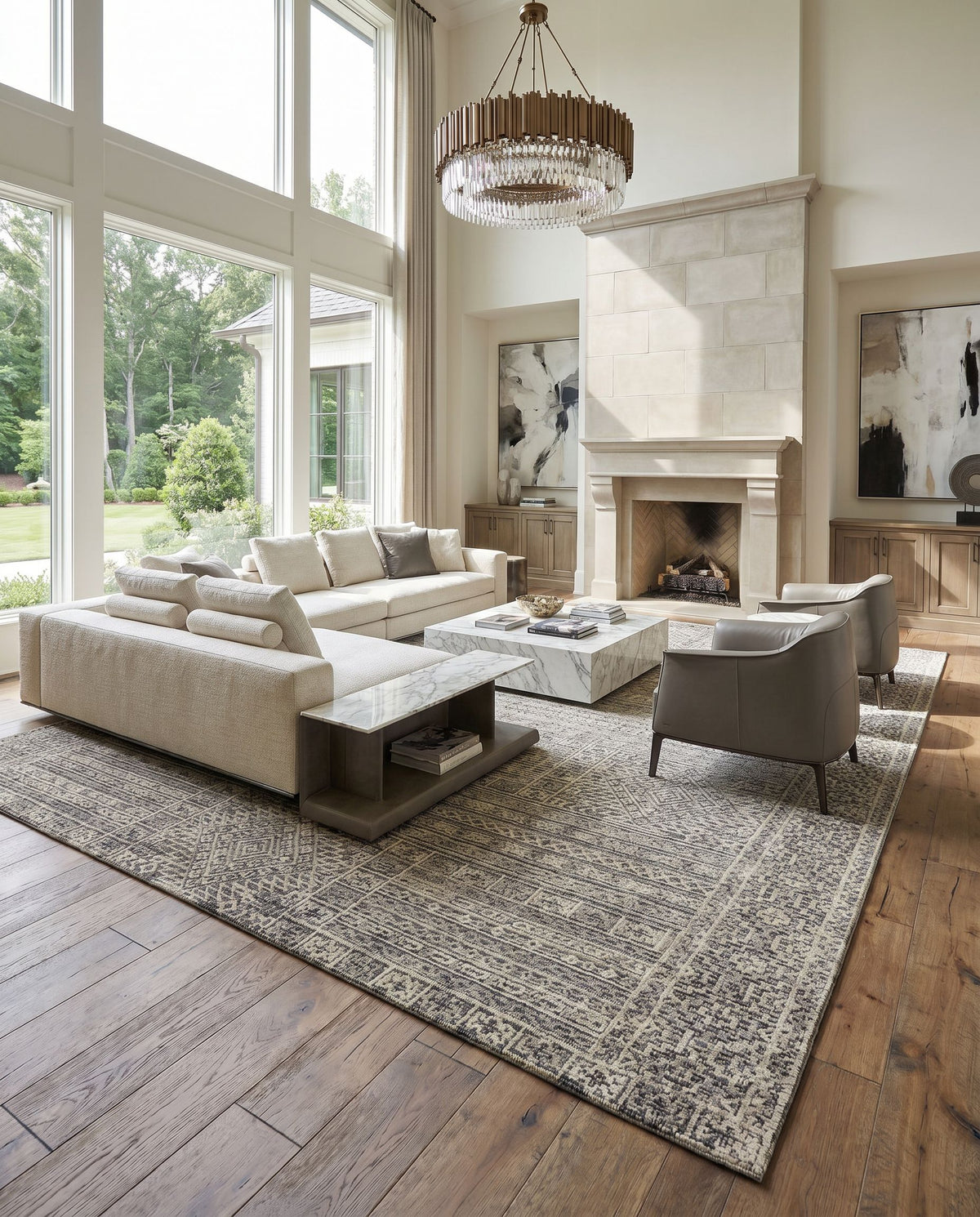 Oakland OAA-1009 Hand Tufted Rug styled in an elegant designer living room — hand tufted global area rug in black, gray and taupe tones