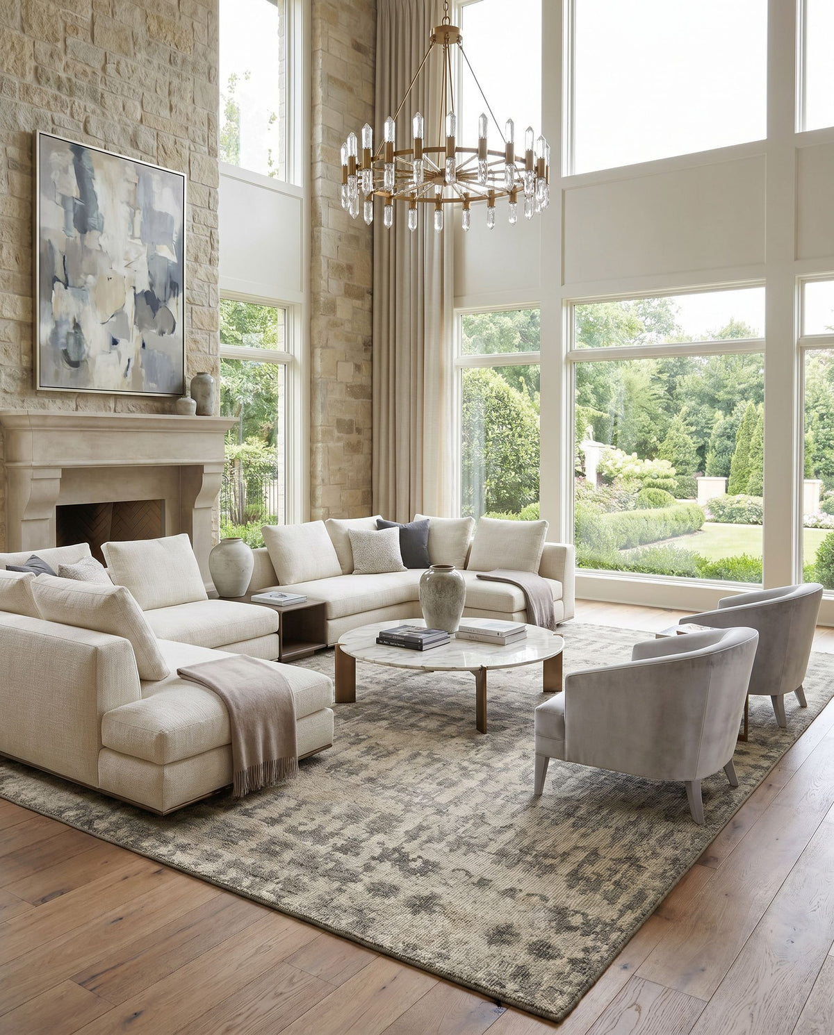 Biscayne BSY-2309 Hand Knotted Rug styled in an elegant designer living room — hand knotted modern area rug in ivory, medium gray, dusty sage and sage tones