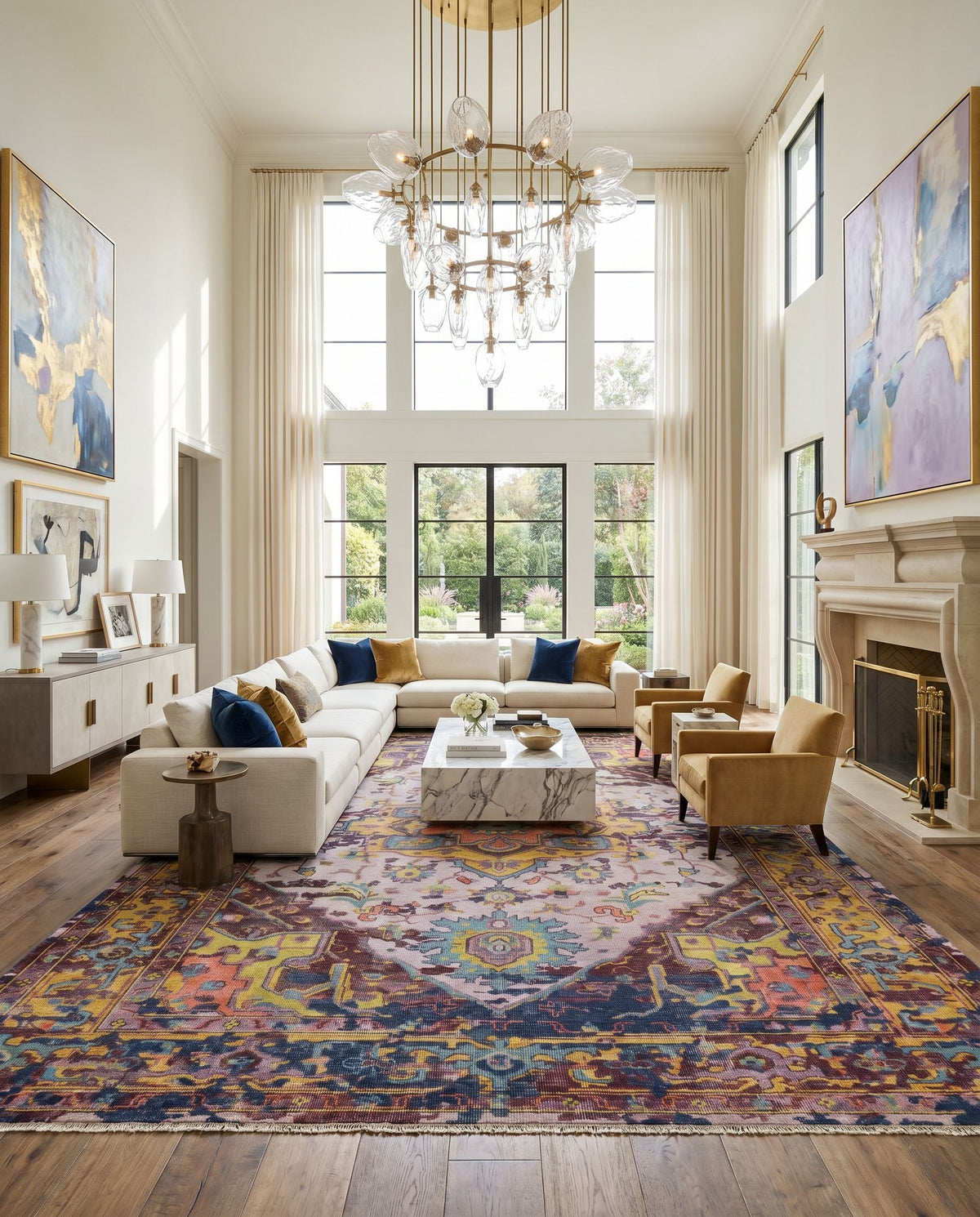 Festival FVL-1004 Hand Knotted Rug styled in an elegant designer living room — hand knotted traditional area rug in burgundy, lilac, medium gray and light olive tones