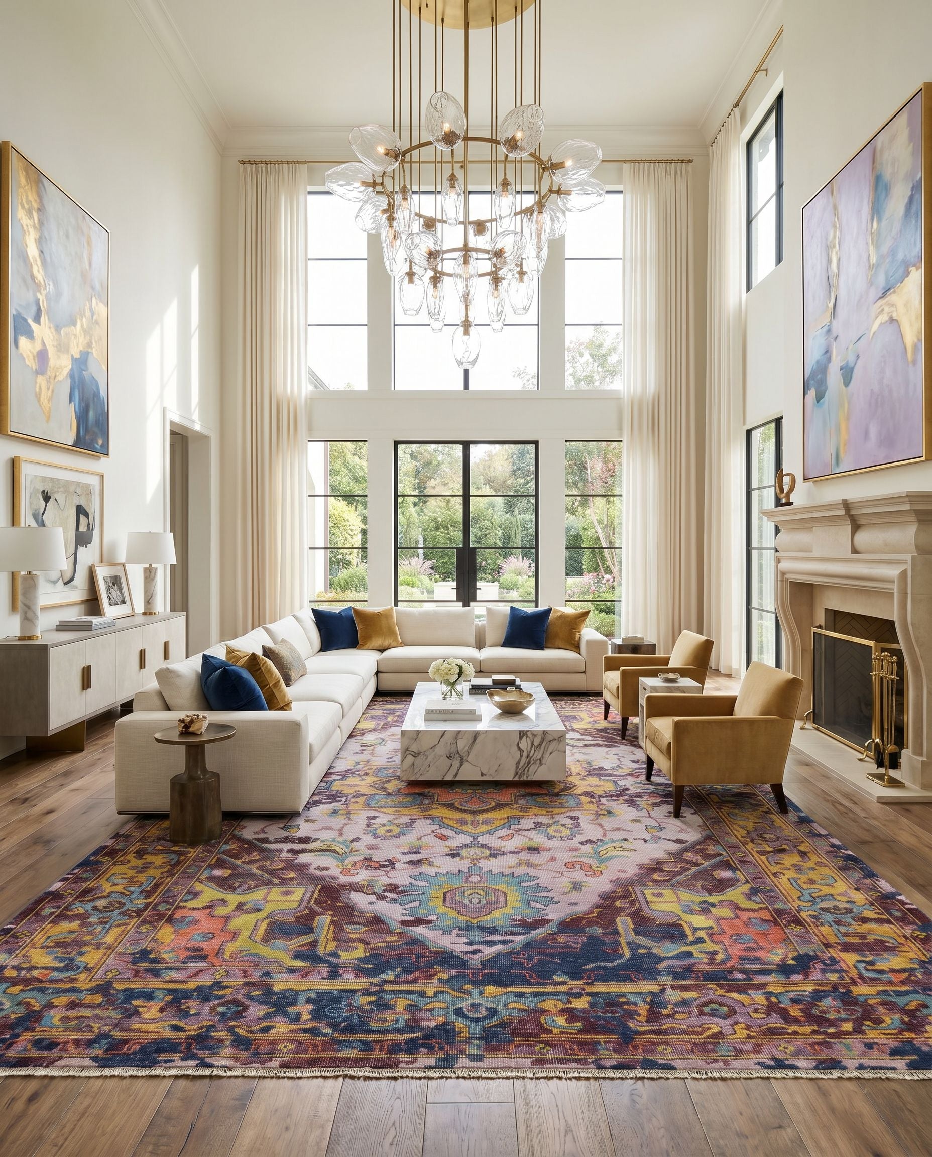 Festival FVL-1004 Hand Knotted Rug styled in an elegant designer living room — hand knotted traditional area rug in burgundy, lilac, medium gray and light olive tones