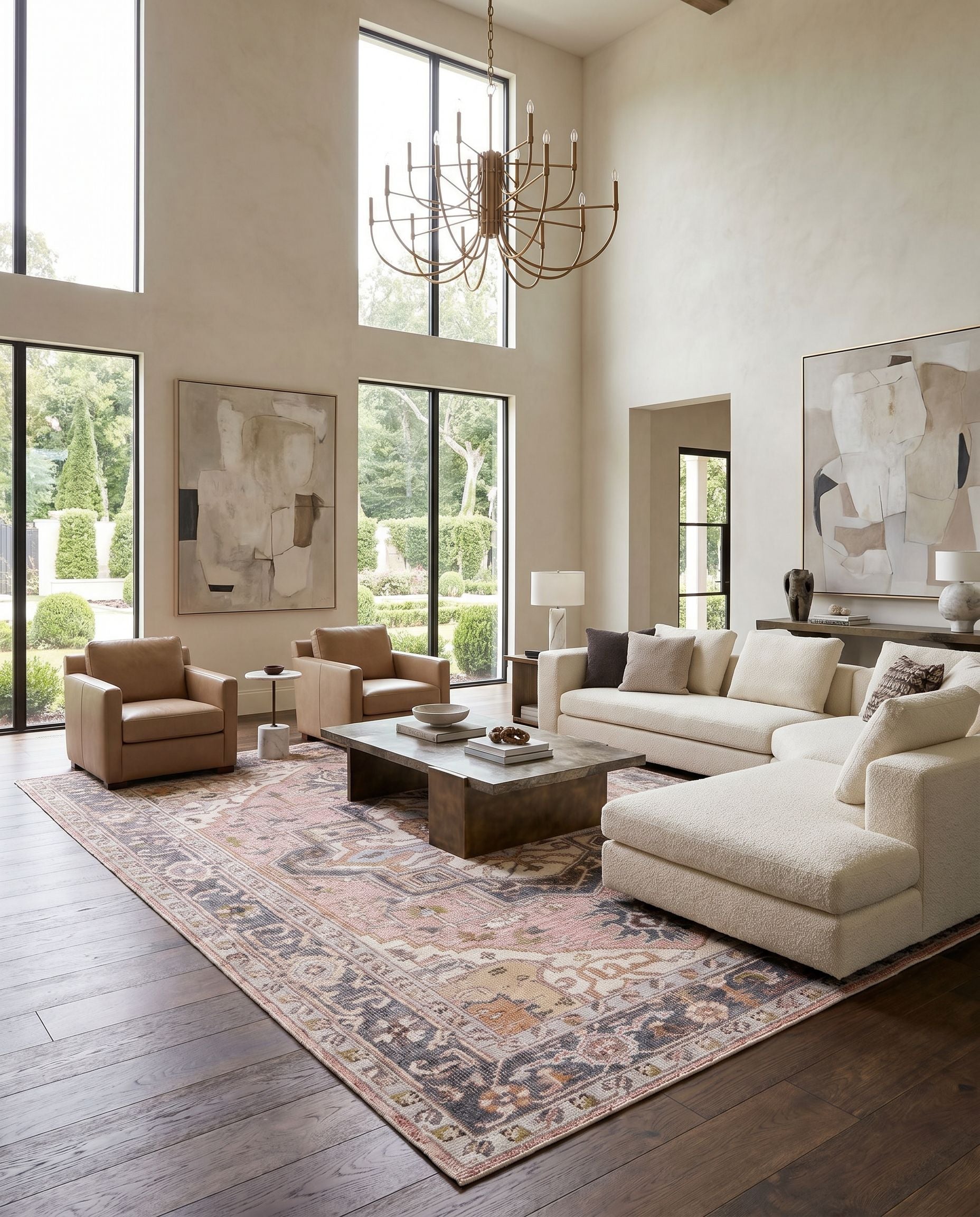 Revere RVE-2304 Hand Knotted Rug styled in an elegant designer living room — hand knotted traditional area rug in rust, charcoal, dark blue and pale blue tones