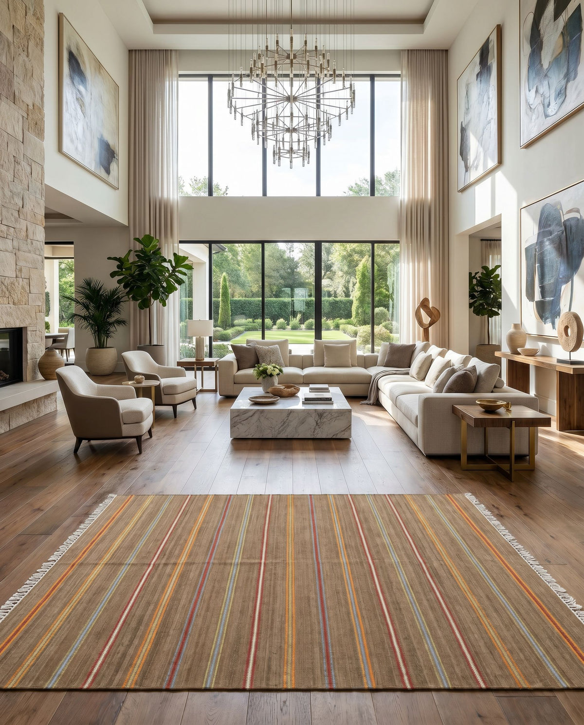 Miguel MIG-5007 Hand Woven Rug styled in an elegant designer living room — hand woven cottage area rug in dark brown, light blue, burgundy and olive tones