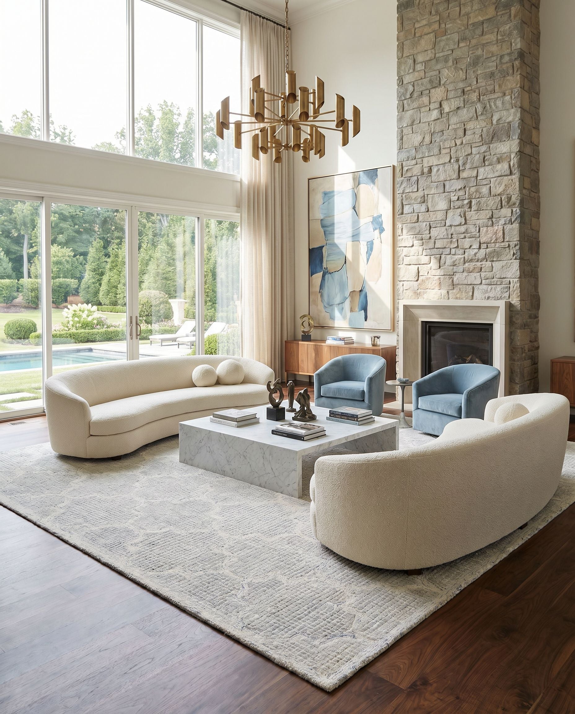 Starlit STR-2306 Hand Tufted Rug styled in an elegant designer living room — hand tufted cottage area rug in light slate, blue and cream tones