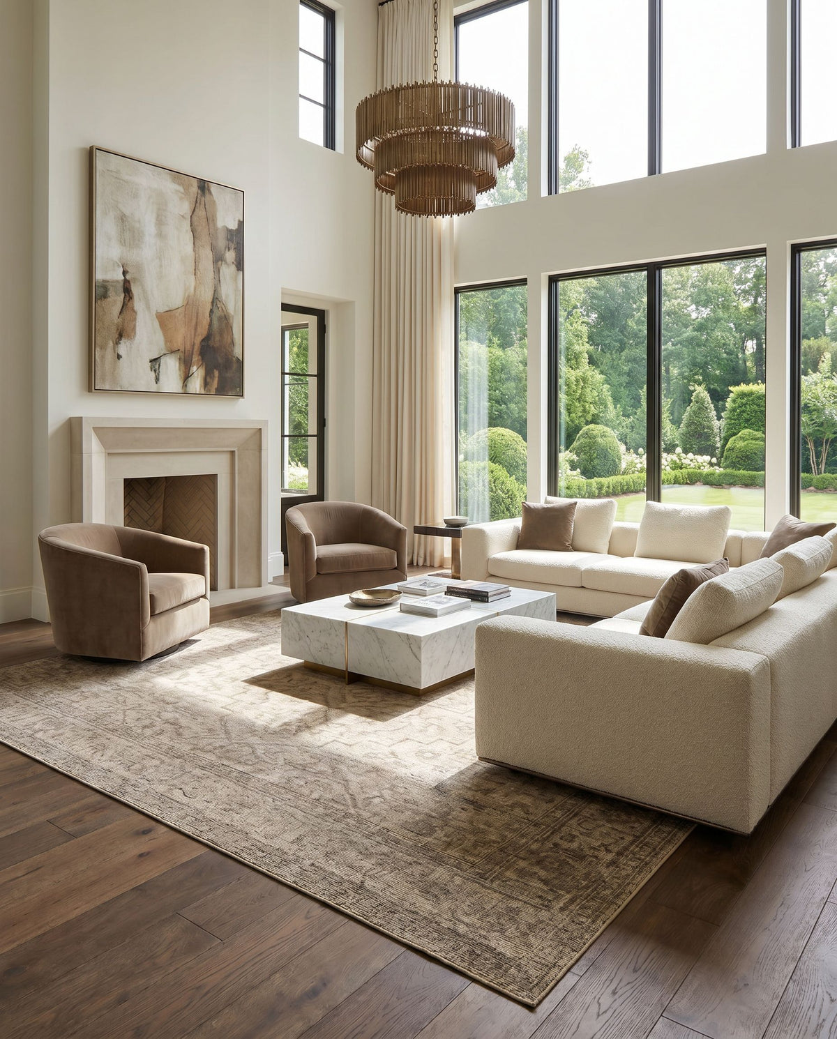 Smyrna SMY-2302 Hand Knotted Rug styled in an elegant designer living room — hand knotted traditional area rug in charcoal, beige and black tones