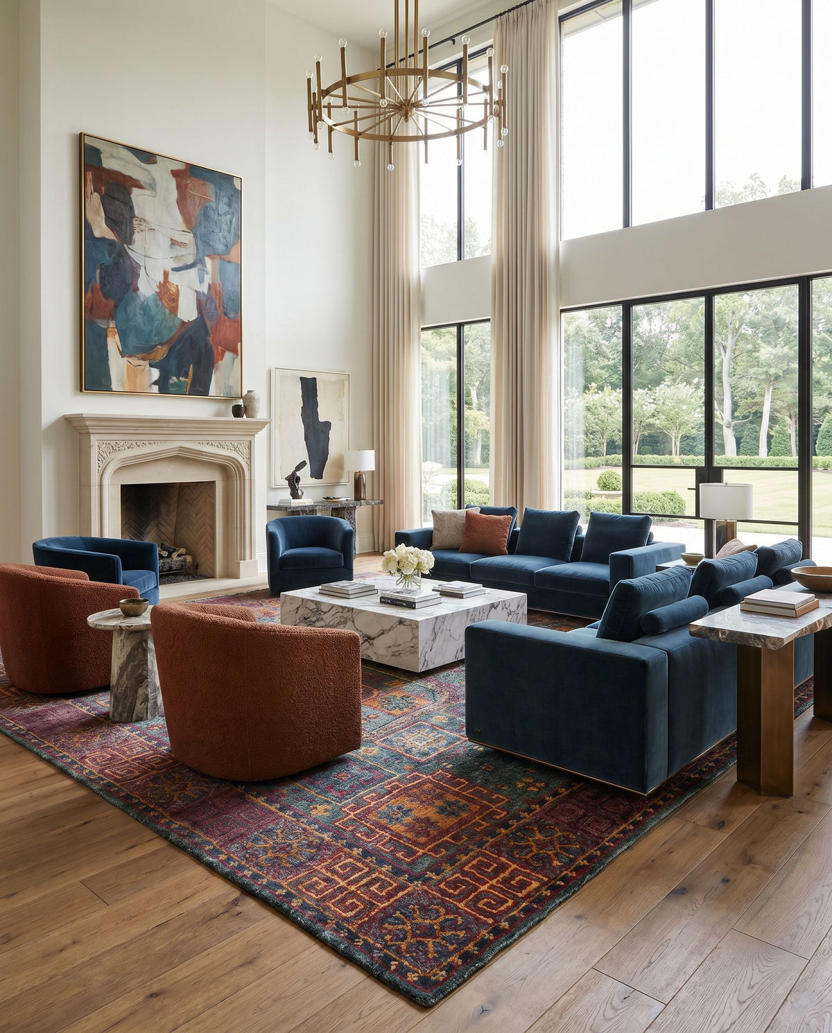 Scarborough SCR-5160 Hand Knotted Rug styled in an elegant designer living room — hand knotted traditional area rug in dark green, red, mustard and burnt orange tones