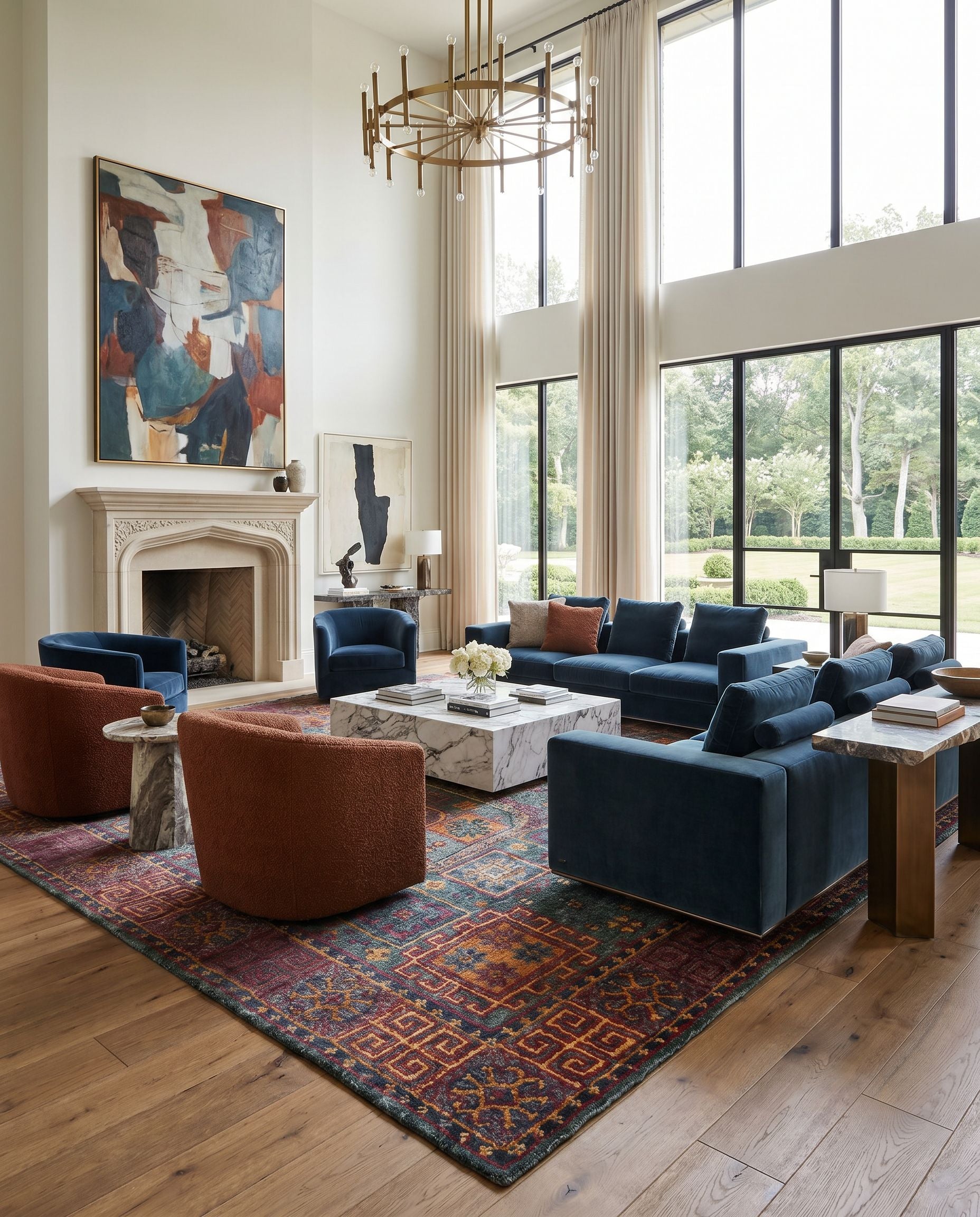Scarborough SCR-5160 Hand Knotted Rug styled in an elegant designer living room — hand knotted traditional area rug in dark green, red, mustard and burnt orange tones