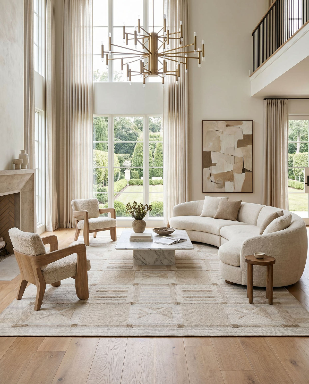 Scandi SCD-2302 Hand Woven Rug styled in an elegant designer living room — hand woven modern area rug in tan, beige and cream tones