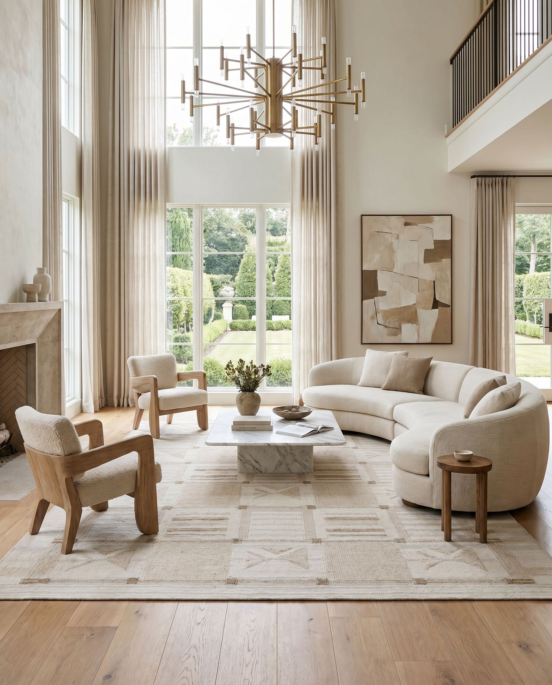 Scandi SCD-2302 Hand Woven Rug styled in an elegant designer living room — hand woven modern area rug in tan, beige and cream tones