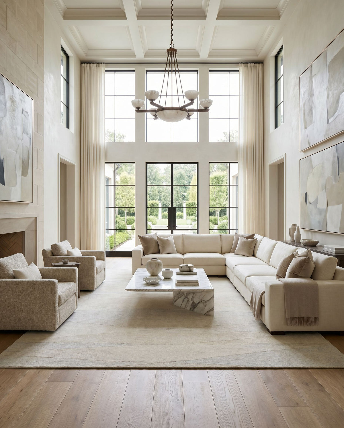 Forum FM-7238 Hand Tufted Rug styled in an elegant designer living room — hand tufted modern area rug in ivory, sand, light taupe and pale gray tones