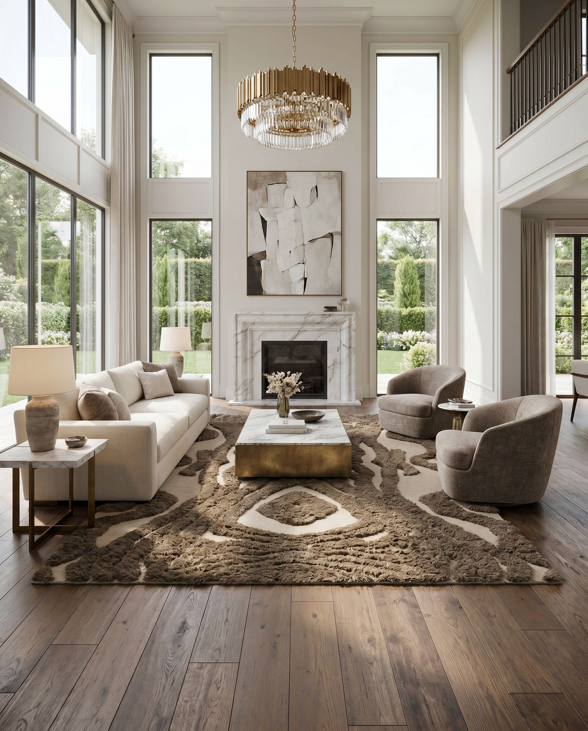 Midelt MDT-1004 Hand Woven Rug styled in an elegant designer living room — hand woven modern area rug in brown and medium brown tones