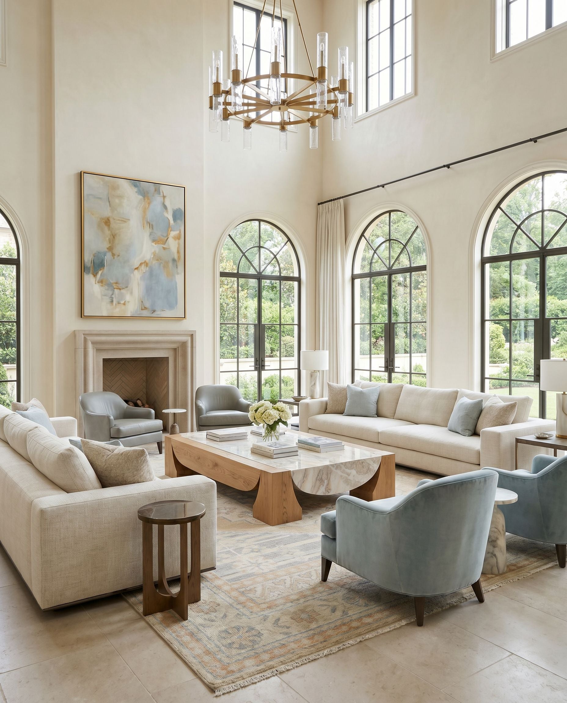 Bunyan BYN-2303 Hand Knotted Rug styled in an elegant designer living room — hand knotted traditional area rug in wheat, peach, seafoam and slate tones