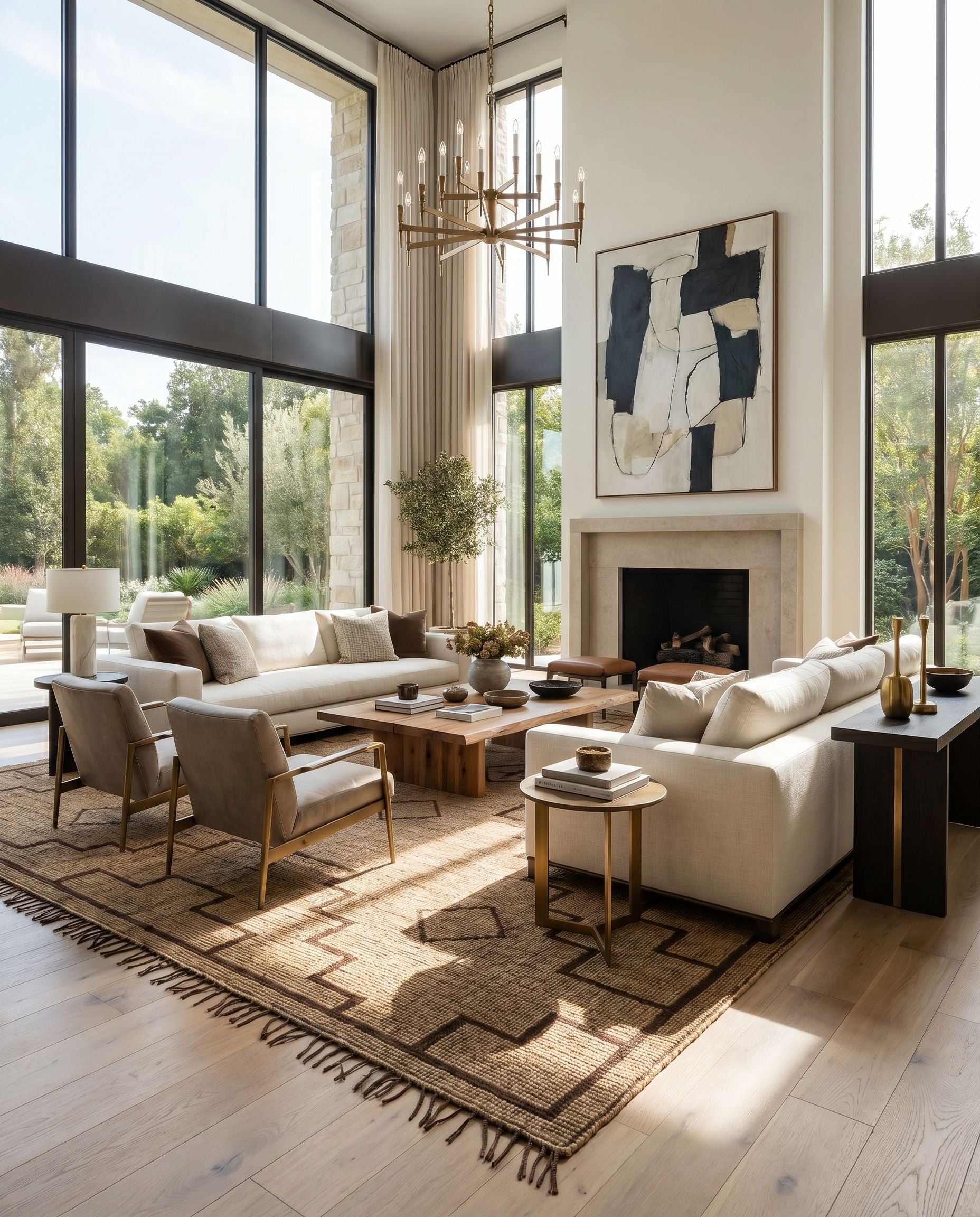 Touareg TOG-2301 Hand Woven Rug styled in an elegant designer living room — hand woven global area rug in tan, dark brown and charcoal tones