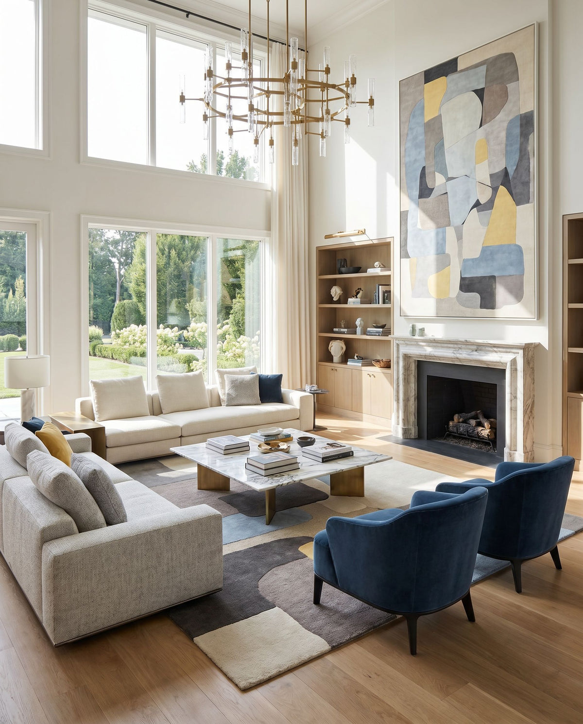 Brooklyn BRO-2300 Hand Tufted Rug styled in an elegant designer living room — hand tufted modern area rug in yellow, beige, charcoal and pale blue tones
