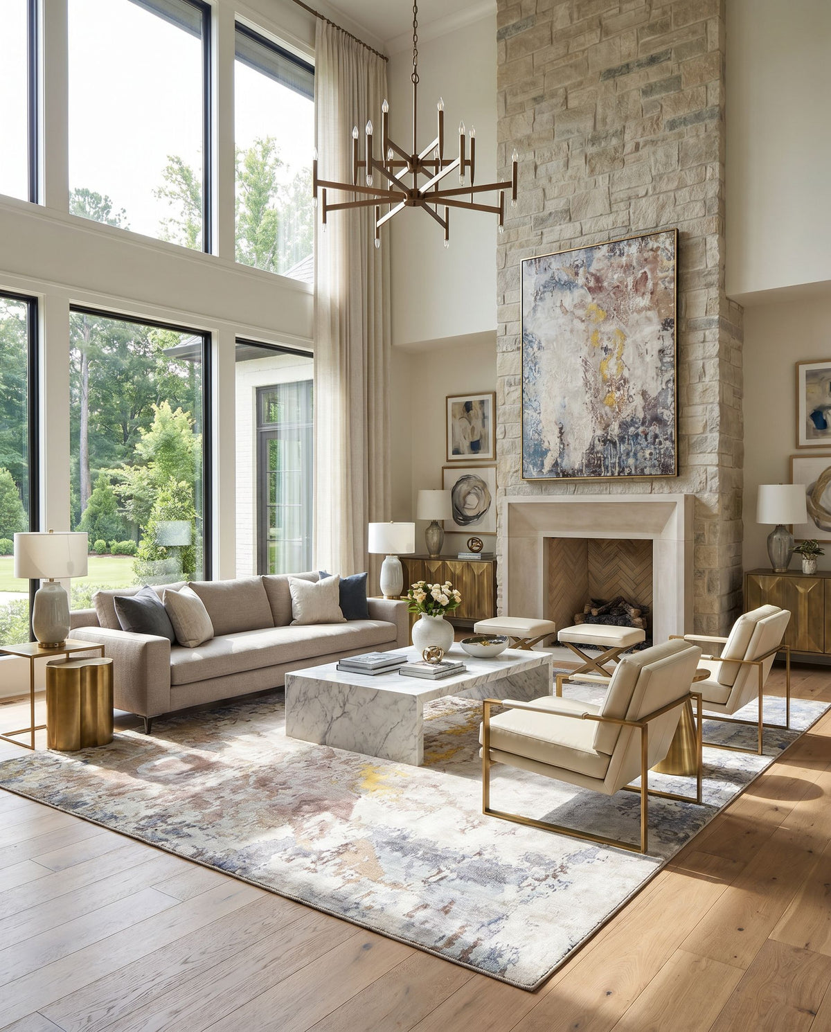 Imola IML-1000 Hand Knotted Rug styled in an elegant designer living room — hand knotted modern area rug in blue, tan, black and mauve tones