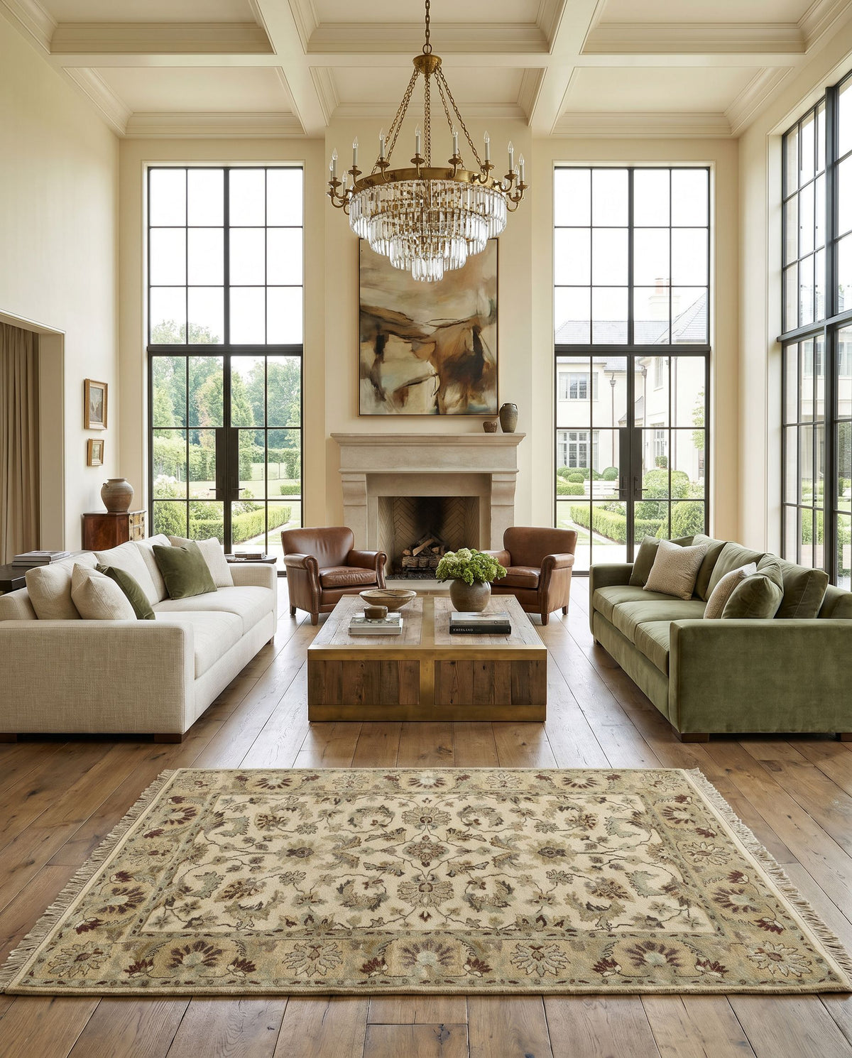 Estate EST-10505 Hand Knotted Rug styled in an elegant designer living room — hand knotted traditional area rug in driftwood tones