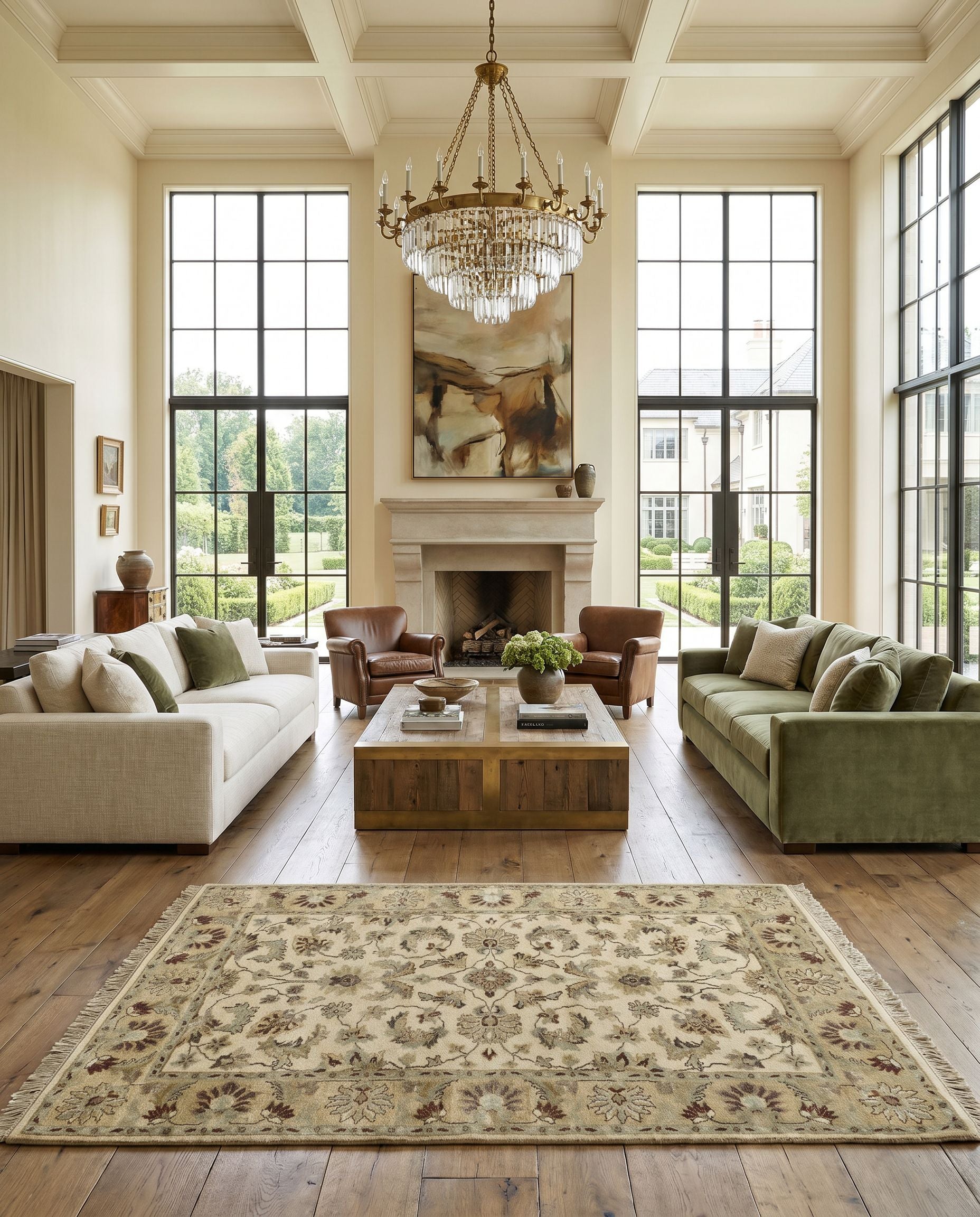 Estate EST-10505 Hand Knotted Rug styled in an elegant designer living room — hand knotted traditional area rug in driftwood tones