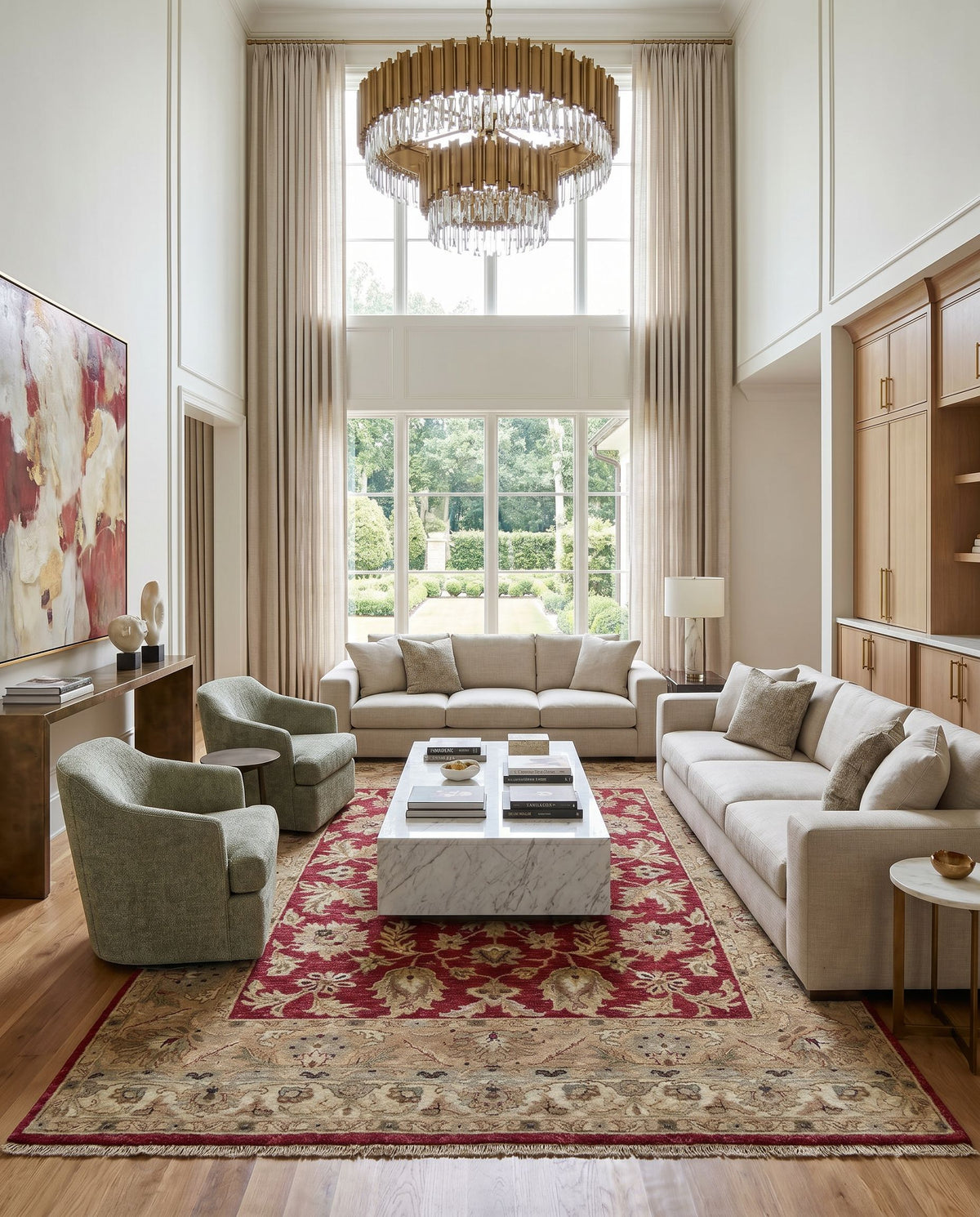 Timeless TIM-7901 Hand Knotted Rug styled in an elegant designer living room — hand knotted traditional area rug in red, mustard, olive and dusty sage tones