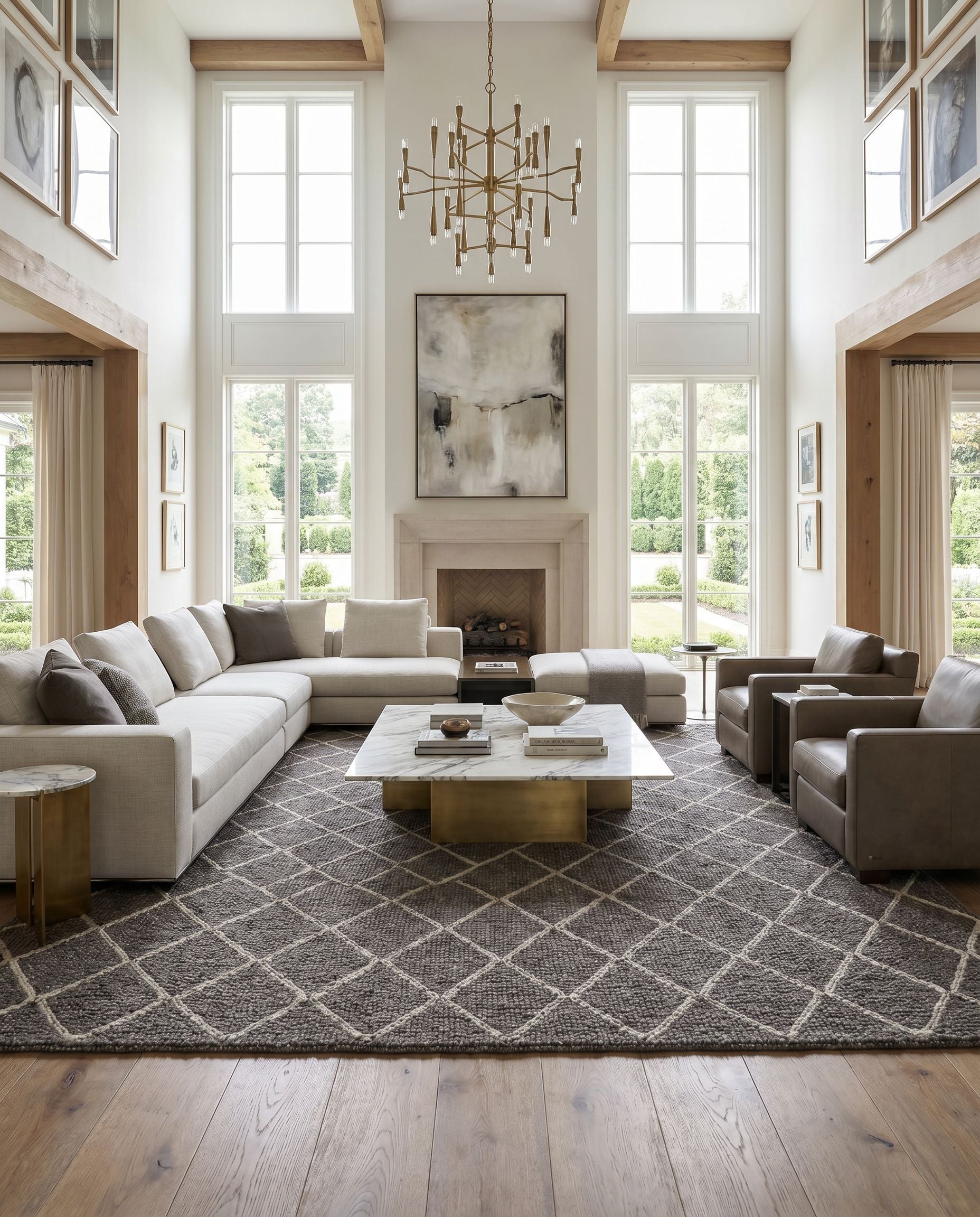 Whistler WSR-2301 Hand Woven Rug styled in an elegant designer living room — hand woven modern area rug in charcoal and oatmeal tones