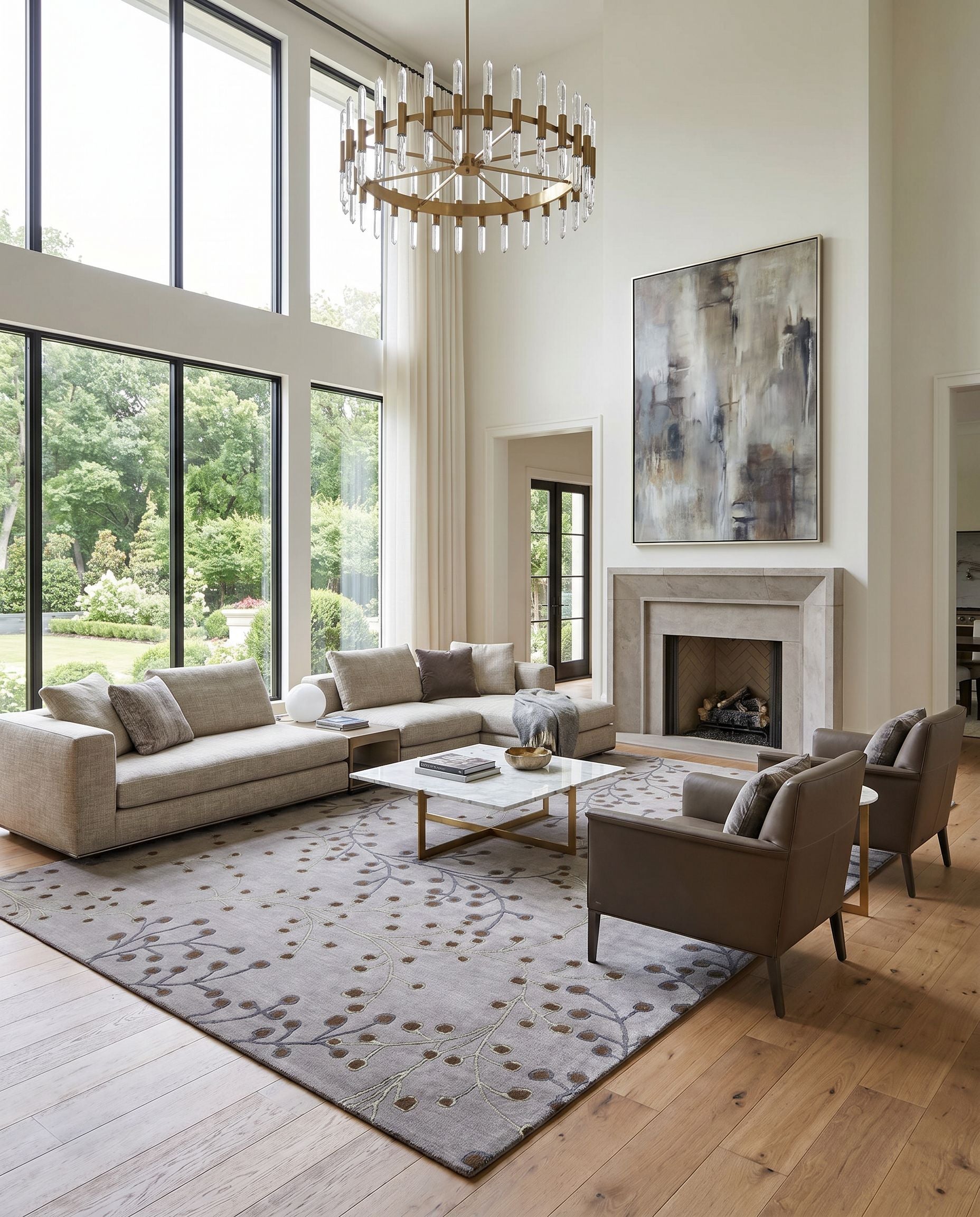 Athena ATH-5055 Hand Tufted Rug styled in an elegant designer living room — hand tufted cottage area rug in dusty sage, medium gray and dark brown tones