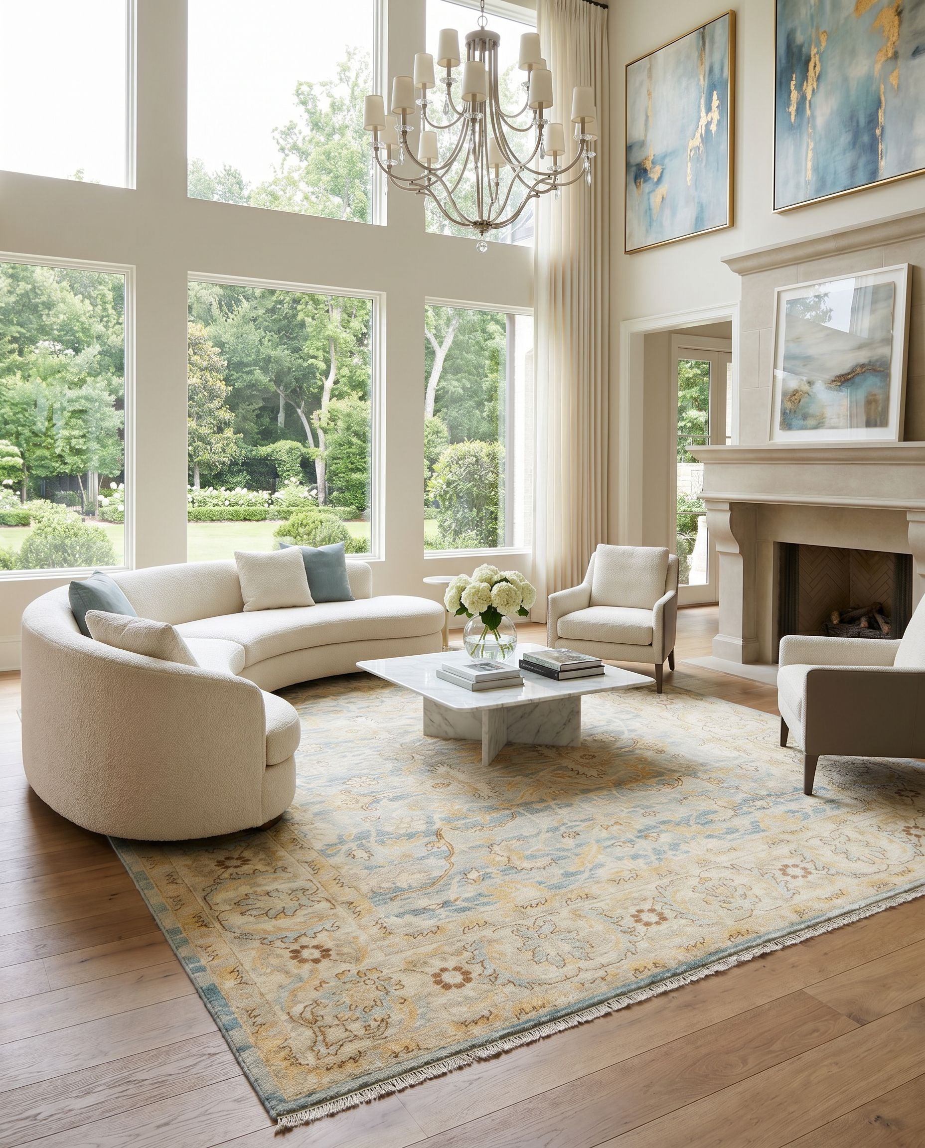 Hamadan HAM-2305 Hand Knotted Rug styled in an elegant designer living room — hand knotted traditional area rug in beige, teal, pale blue and mustard tones