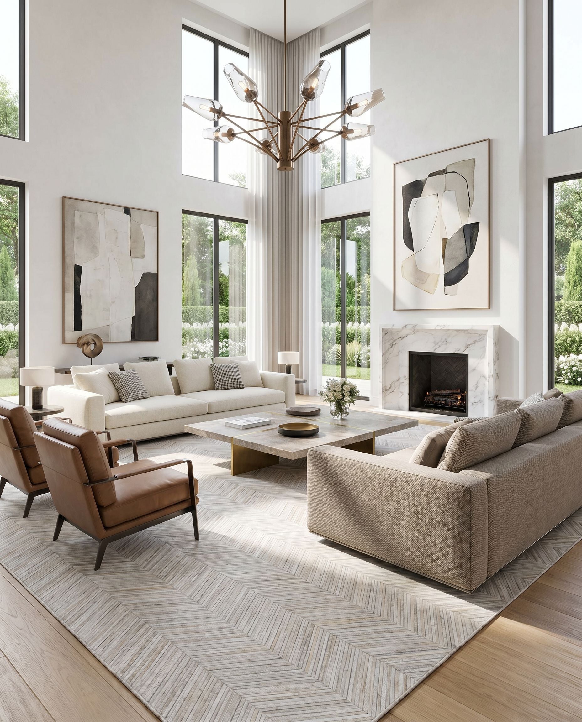 Zander ZND-1001 Hand Crafted Rug styled in an elegant designer living room — hand crafted modern area rug in cream, medium gray and brown tones