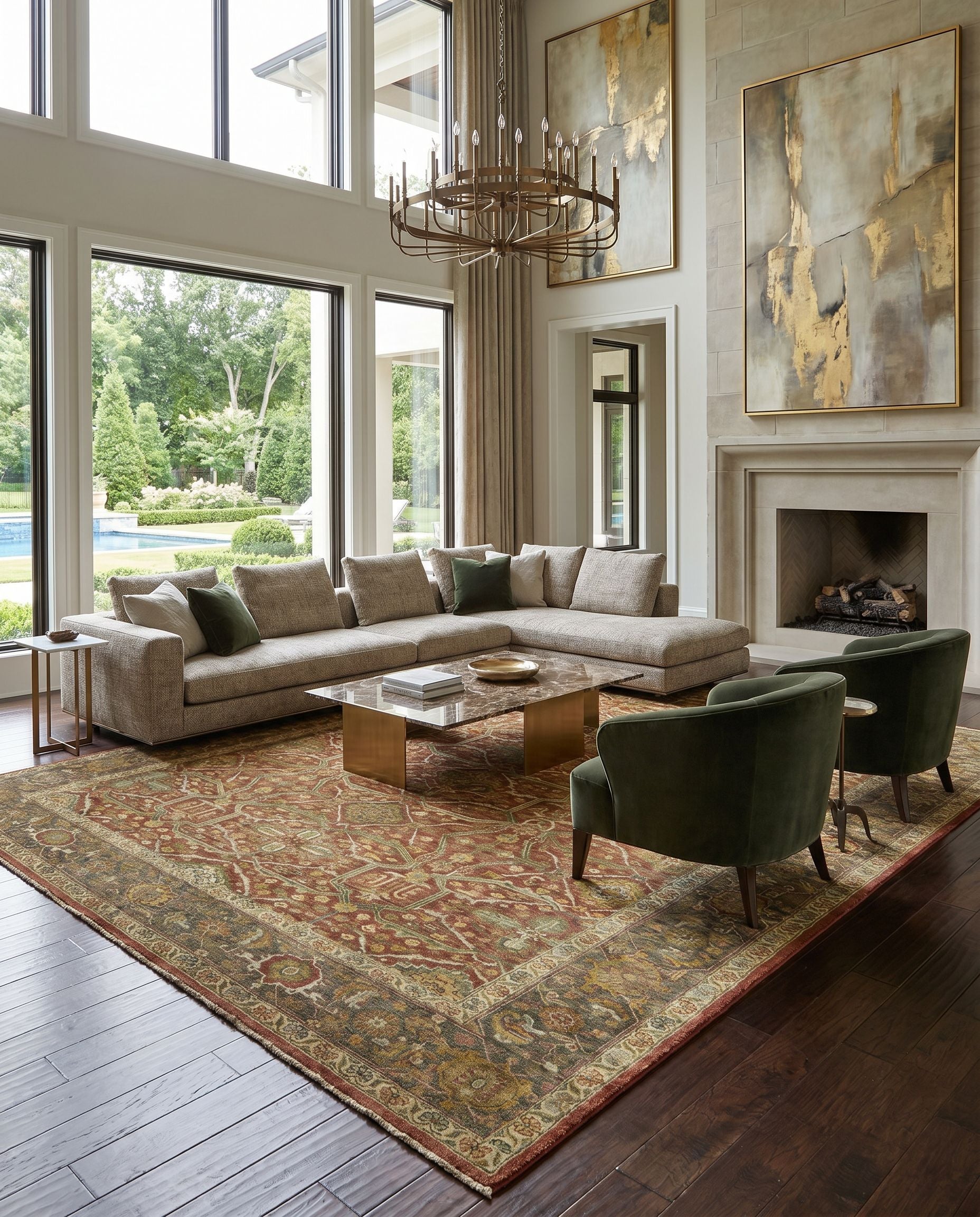 Pazyryk PZY-1001 Hand Knotted Rug styled in an elegant designer living room — hand knotted traditional area rug in rust, dark brown, yellow and grass green tones