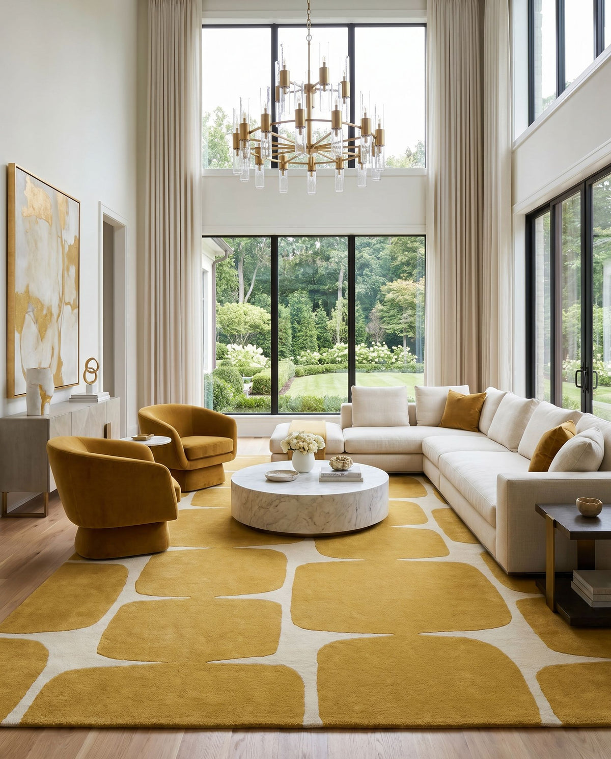 Scion SCI-36 Hand Tufted Rug styled in an elegant designer living room — hand tufted modern area rug in mustard and cream tones