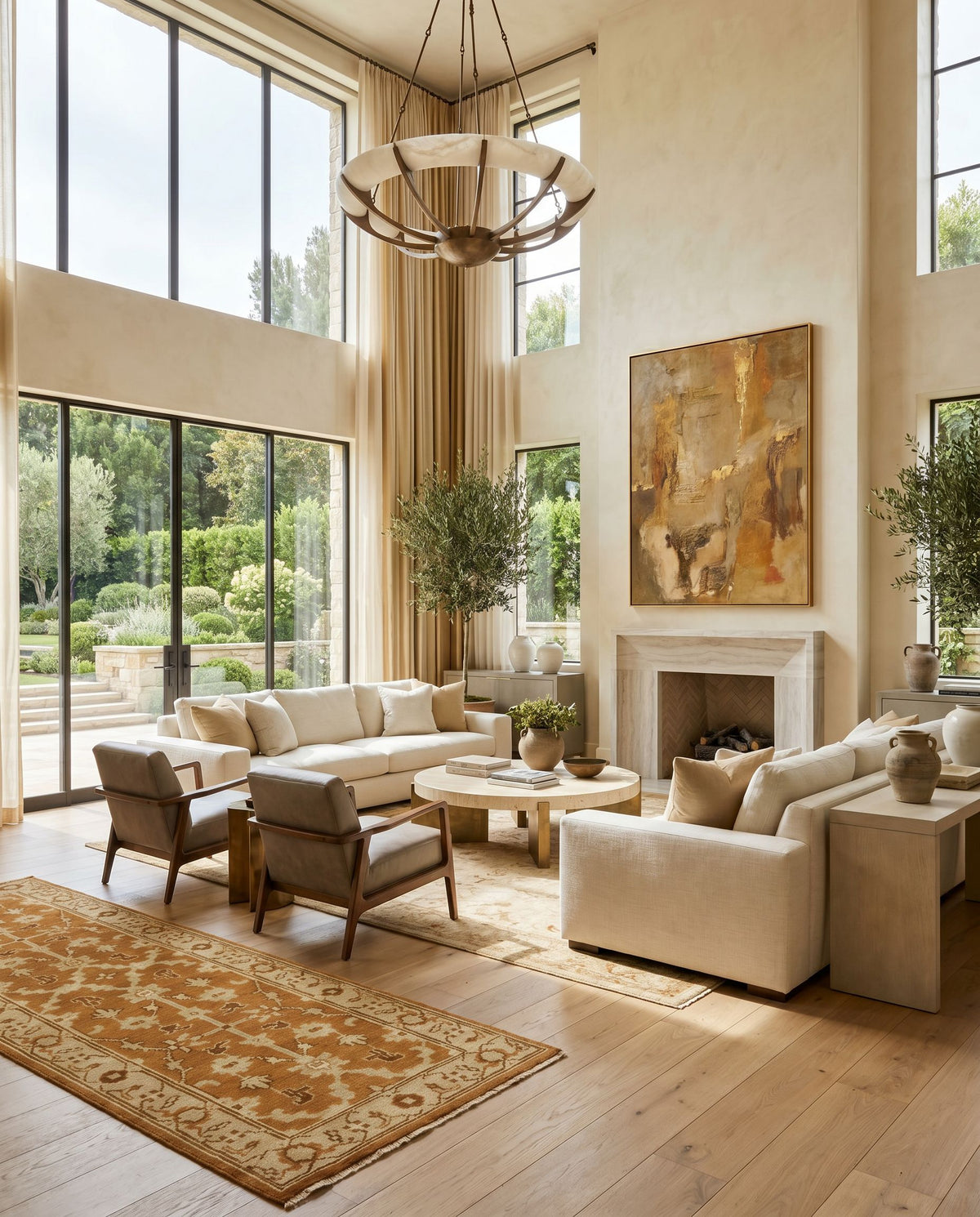 Ainsley AIN-1002 Hand Knotted Rug styled in an elegant designer living room — hand knotted traditional area rug in faded driftwood, dark brown, off white and straw tones