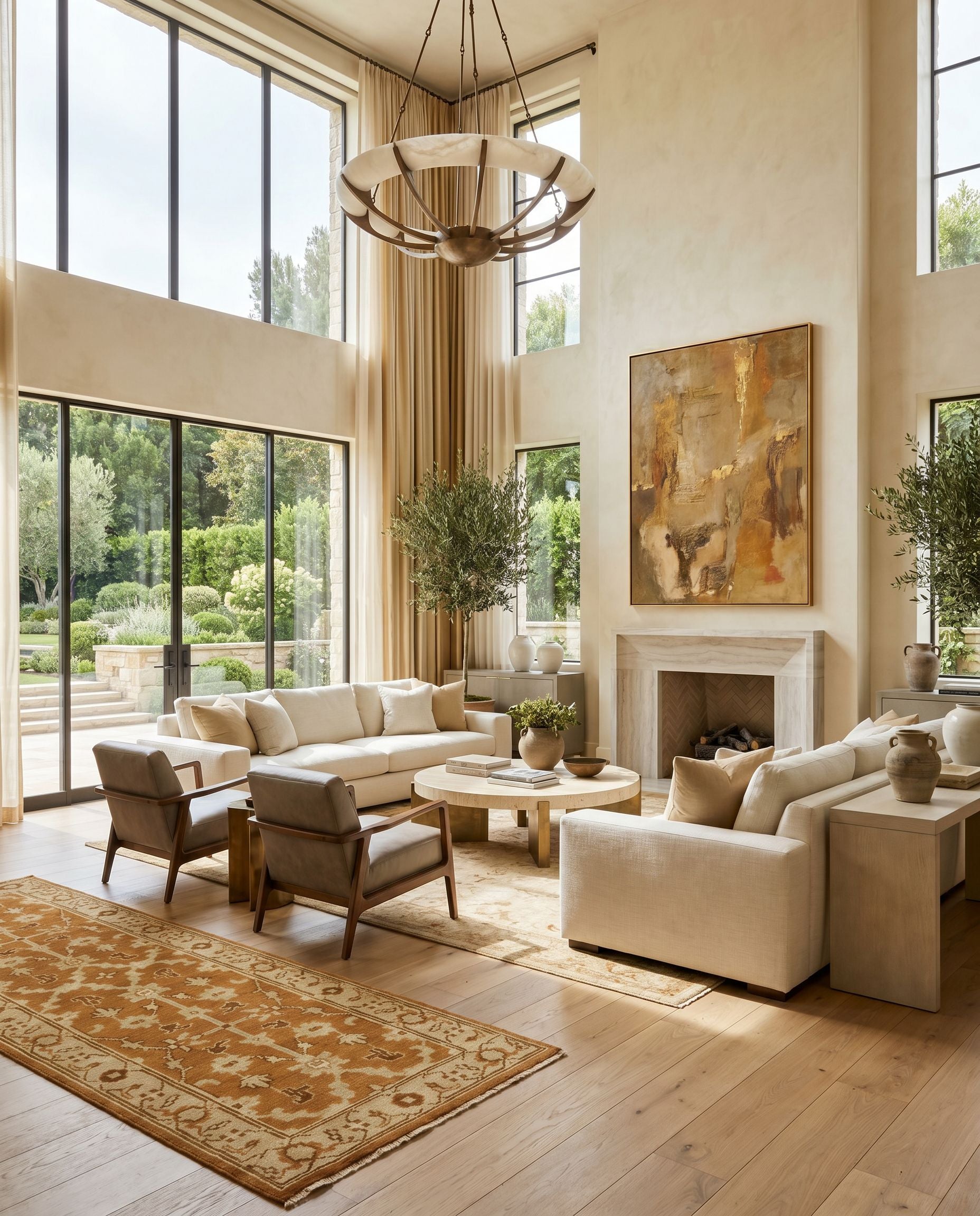 Ainsley AIN-1002 Hand Knotted Rug styled in an elegant designer living room — hand knotted traditional area rug in faded driftwood, dark brown, off white and straw tones