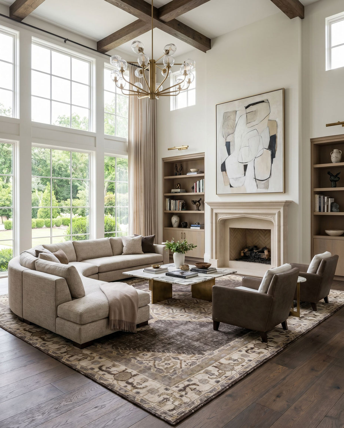 Zahra ZHA-4011 Hand Knotted Rug styled in an elegant designer living room — hand knotted traditional area rug in brown, medium gray, charcoal and slate tones