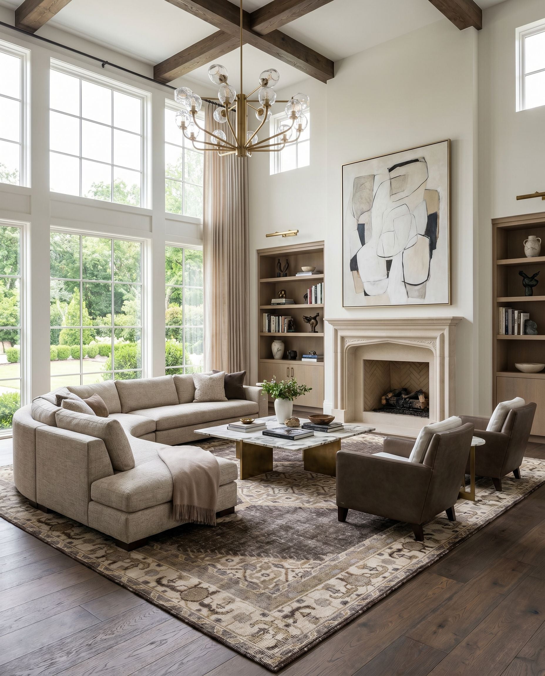 Zahra ZHA-4011 Hand Knotted Rug styled in an elegant designer living room — hand knotted traditional area rug in brown, medium gray, charcoal and slate tones
