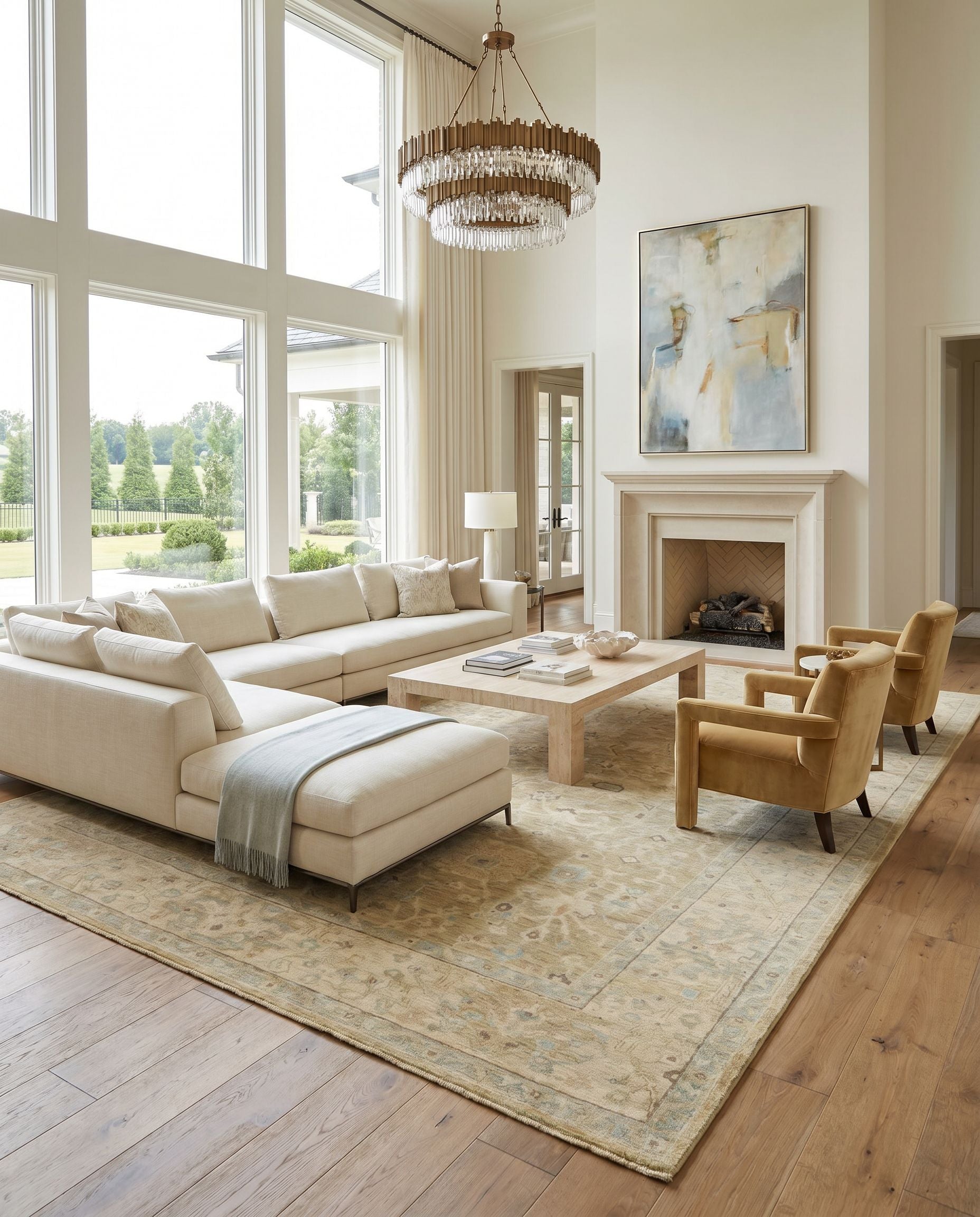Normandy NOY-8008 Hand Knotted Rug styled in an elegant designer living room — hand knotted traditional area rug in light olive, beige, seafoam and dark brown tones