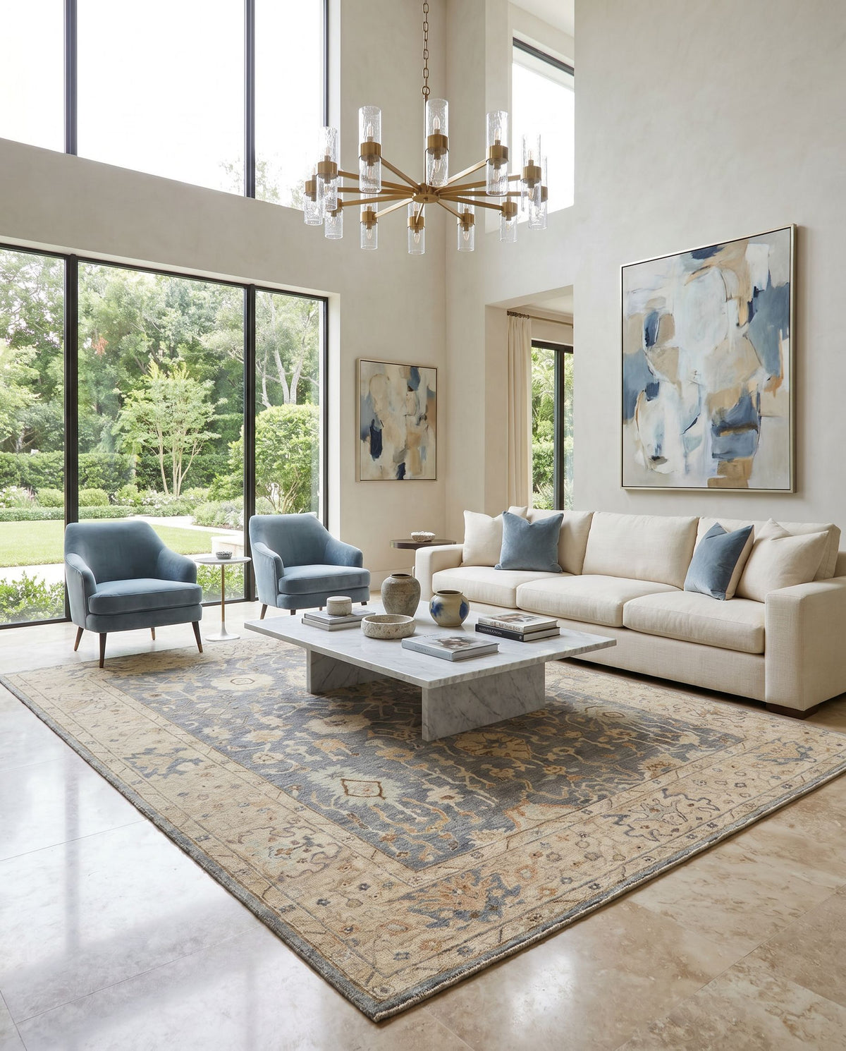 Normandy NOY-8007 Hand Knotted Rug styled in an elegant designer living room — hand knotted traditional area rug in charcoal, medium gray, beige and light blue tones