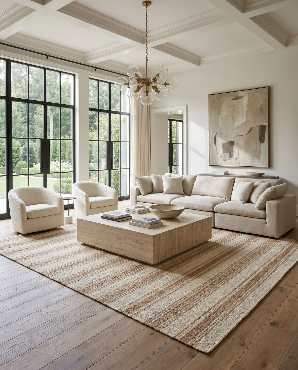 Diane DAI-2307 Hand Woven Rug styled in an elegant designer living room — hand woven cottage area rug in cream and tan tones