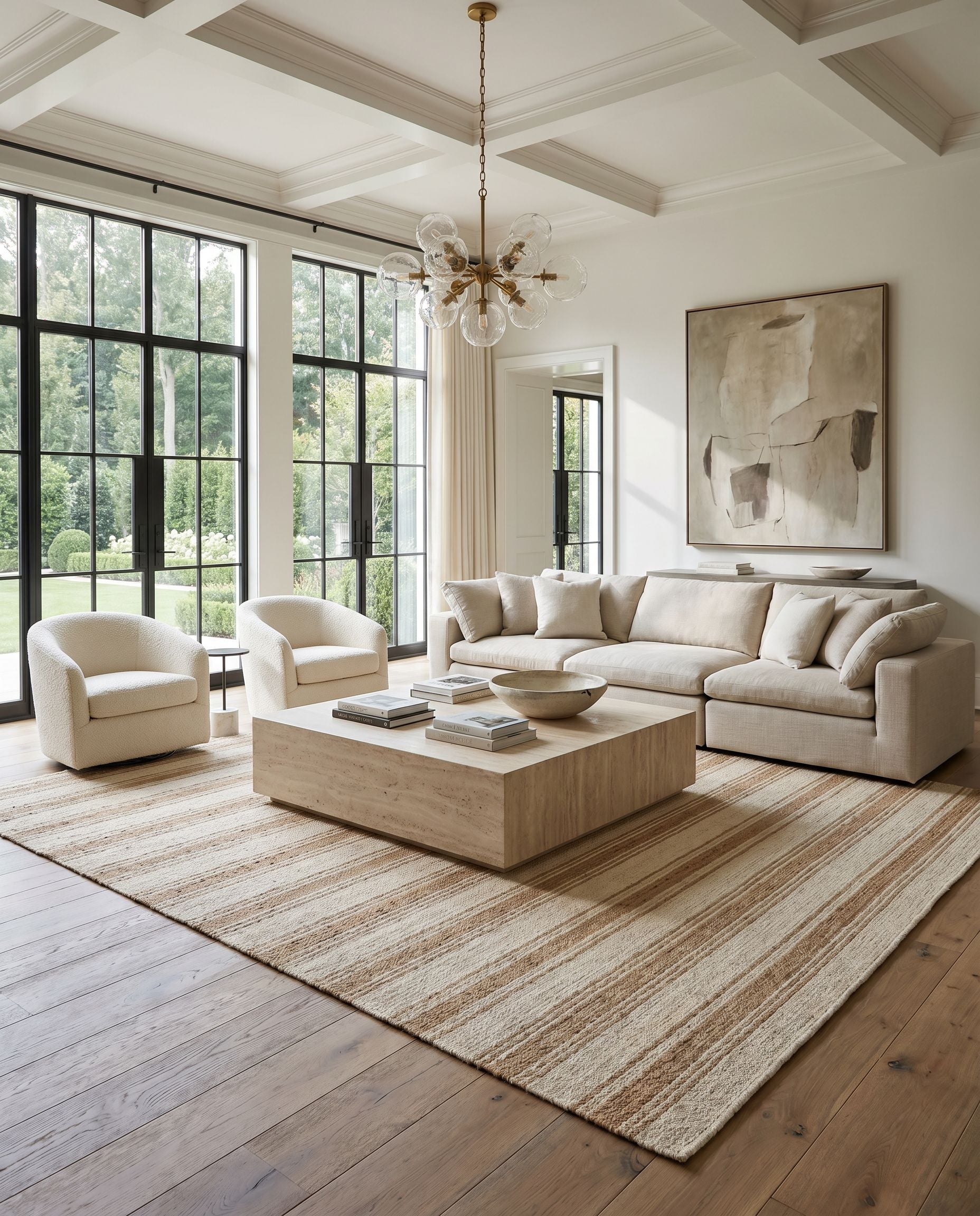 Diane DAI-2307 Hand Woven Rug styled in an elegant designer living room — hand woven cottage area rug in cream and tan tones