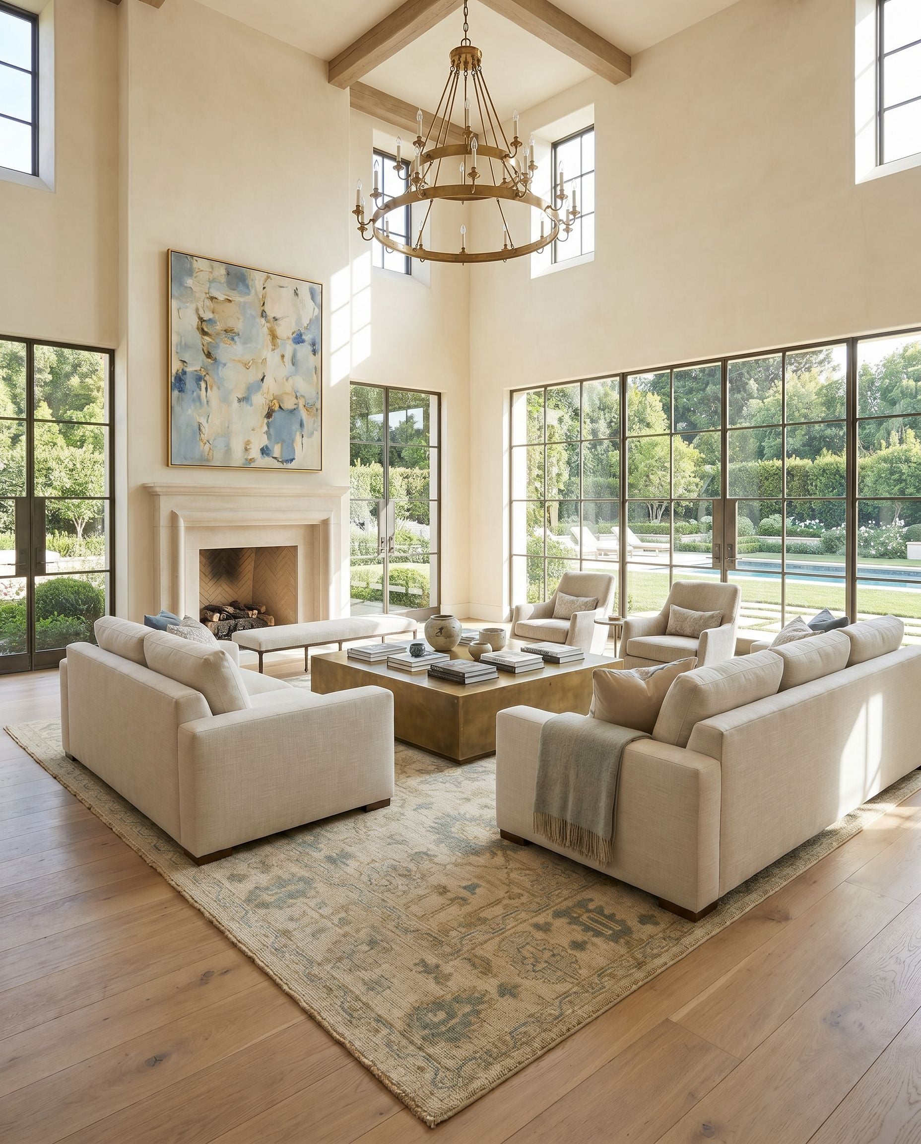 Reign REG-2307 Hand Knotted Rug styled in an elegant designer living room — hand knotted traditional area rug in sage, brown, light olive and light beige tones