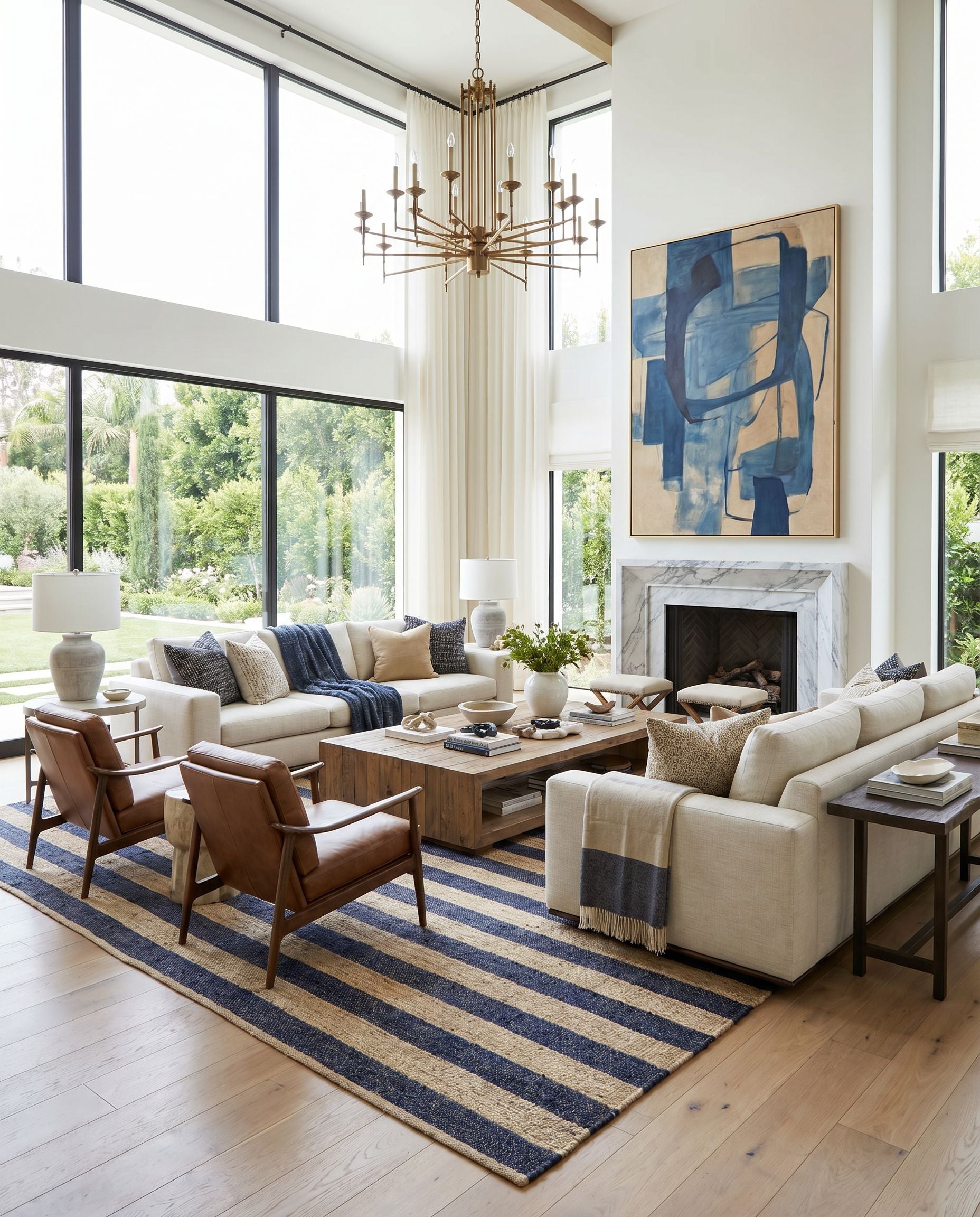 Atina ATA-2302 Hand Woven Rug styled in an elegant designer living room — hand woven cottage area rug in navy and beige tones