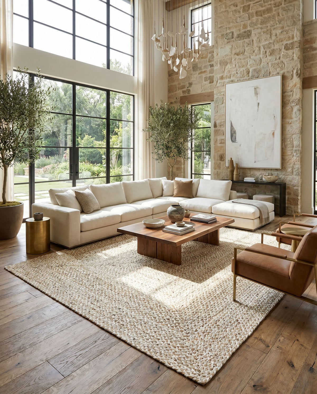 Firat FRT-2303 Hand Loomed Rug styled in an elegant designer living room — hand loomed cottage area rug in ivory and tan tones