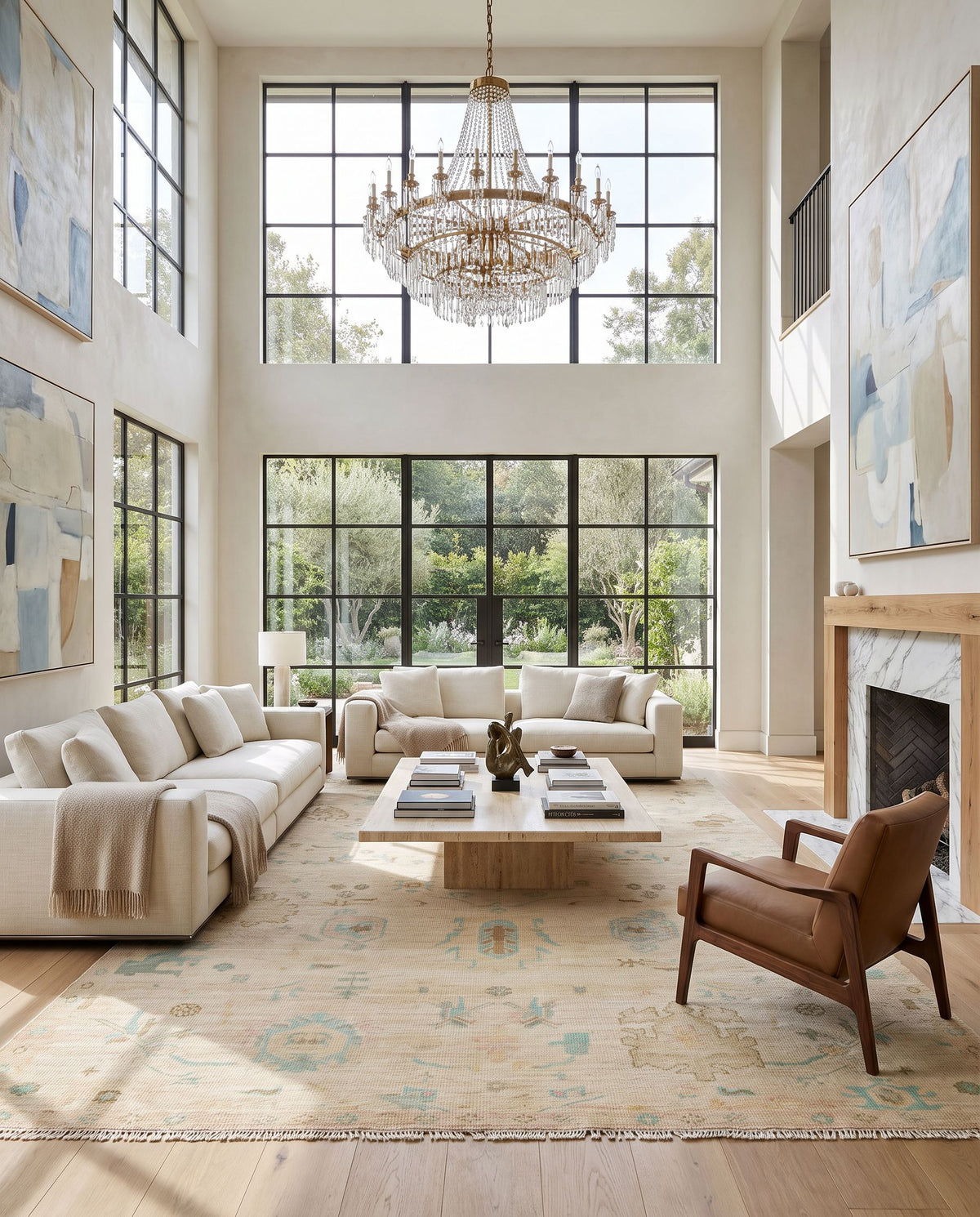 Antalya AAT-2308 Hand Knotted Rug as the centerpiece of a bright luxury living room — a hand knotted traditional area rug in brown, olive, medium green and deep teal tones