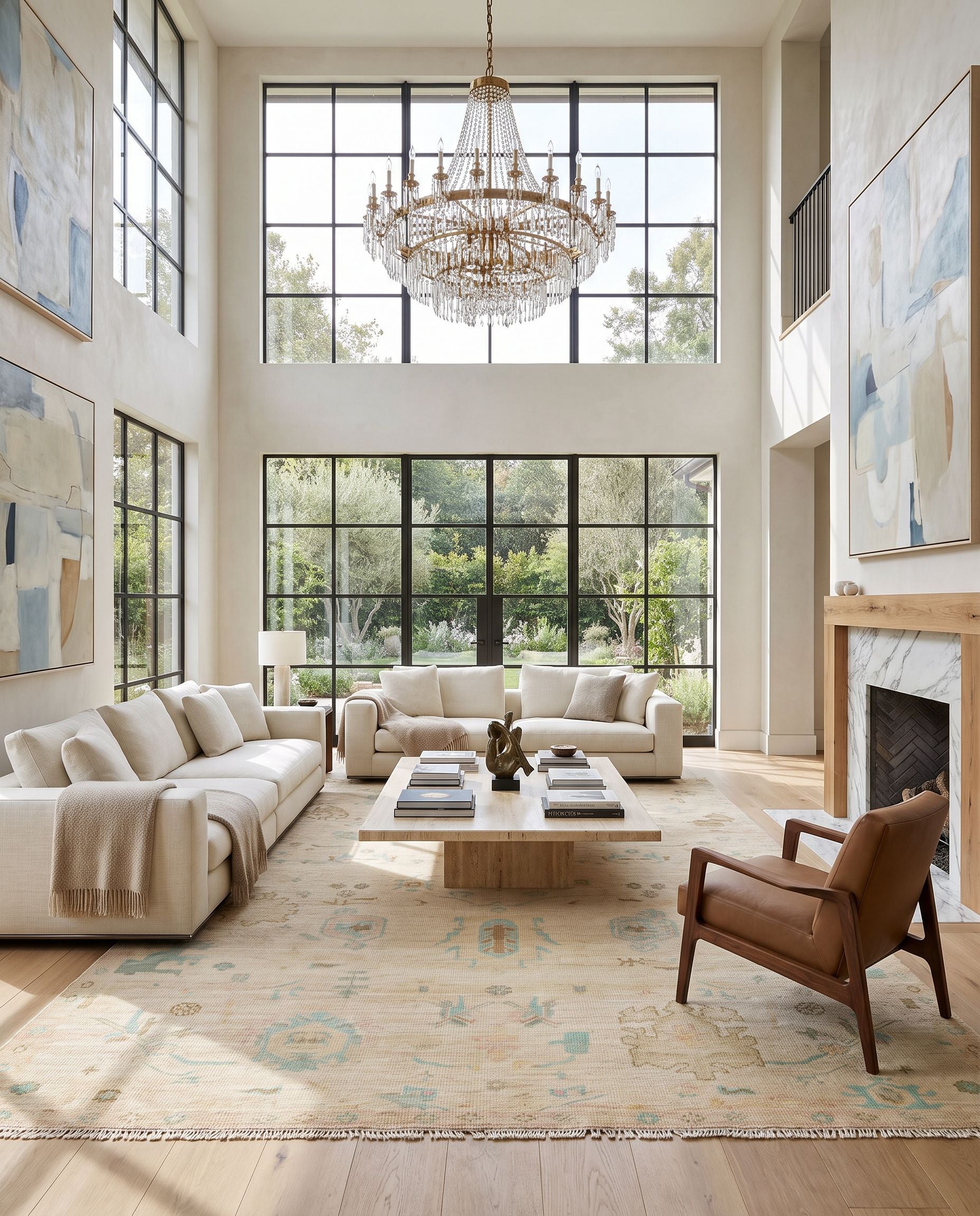 Antalya AAT-2308 Hand Knotted Rug as the centerpiece of a bright luxury living room — a hand knotted traditional area rug in brown, olive, medium green and deep teal tones