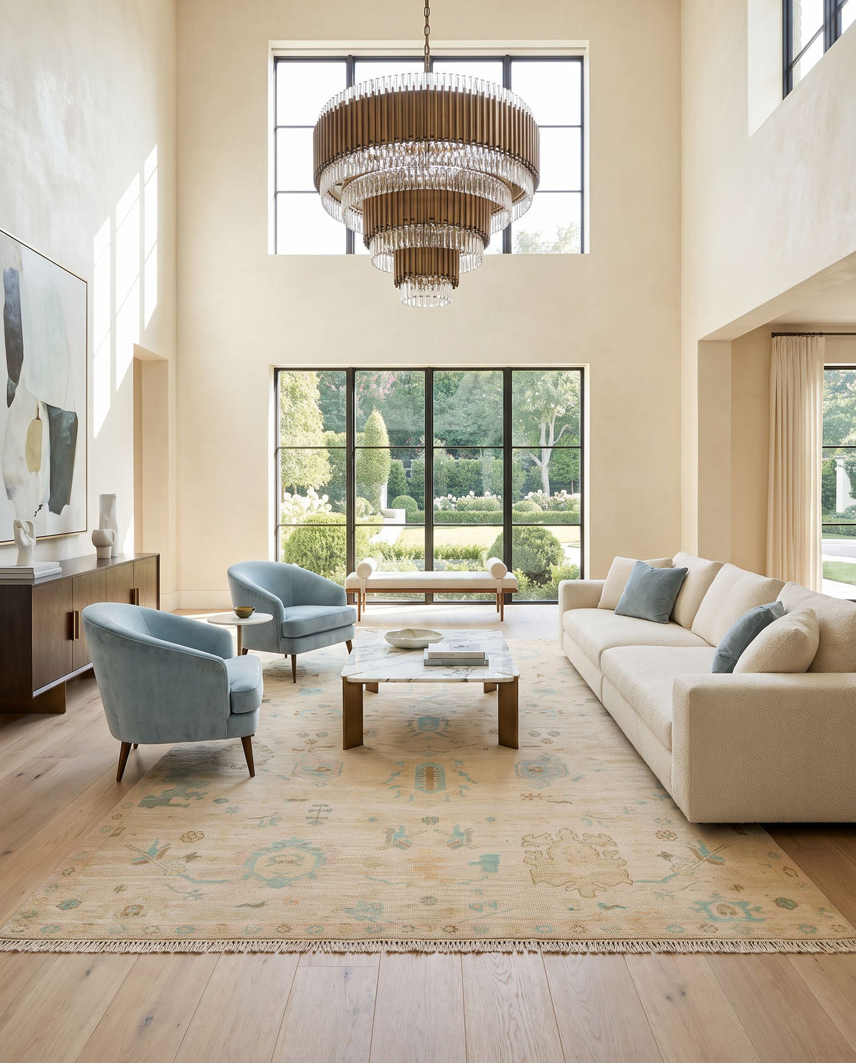 Antalya AAT-2308 Hand Knotted Rug styled in an elegant designer living room — hand knotted traditional area rug in brown, olive, medium green and deep teal tones