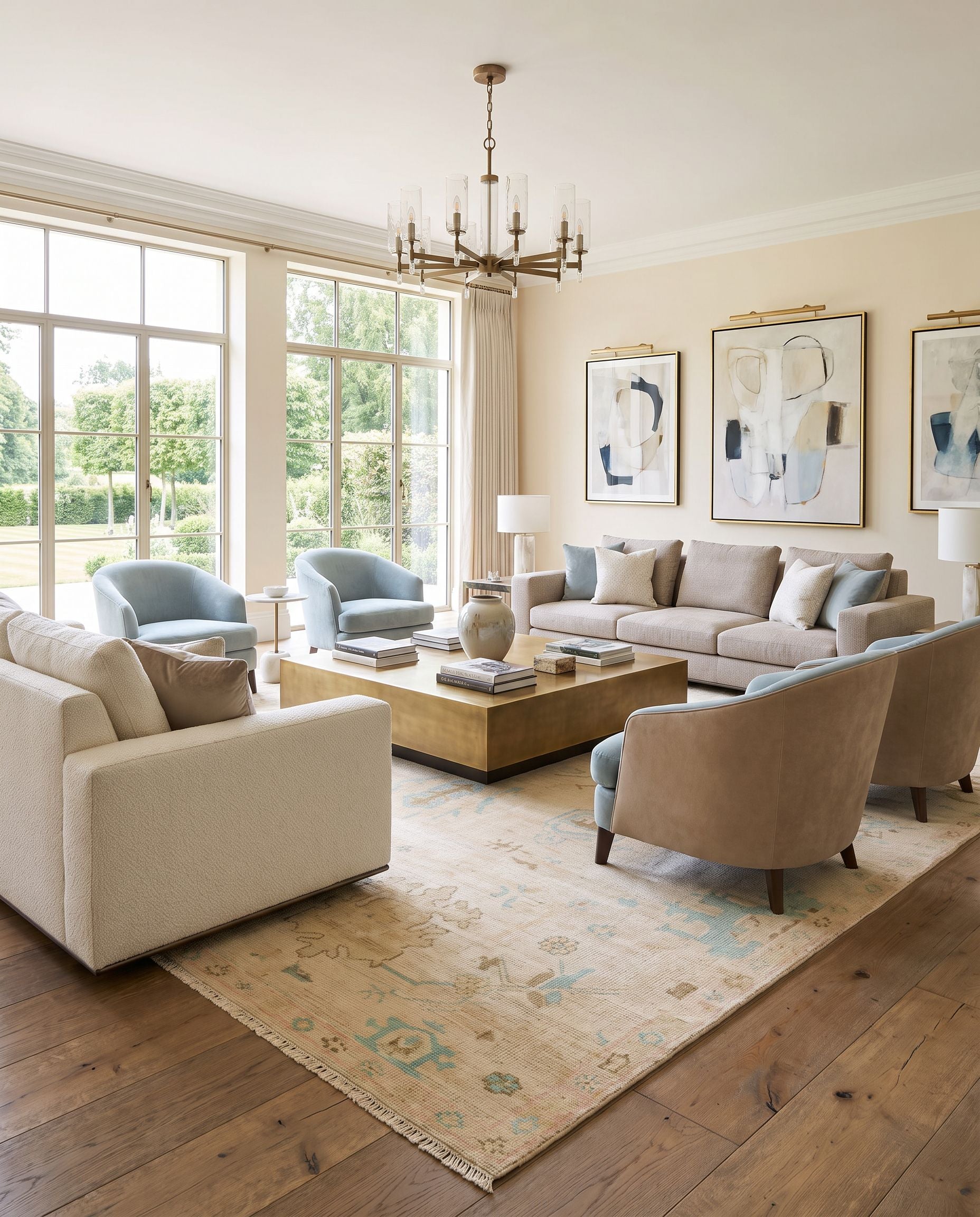 Antalya AAT-2308 Hand Knotted Rug styled in an elegant designer living room — hand knotted traditional area rug in brown, olive, medium green and deep teal tones